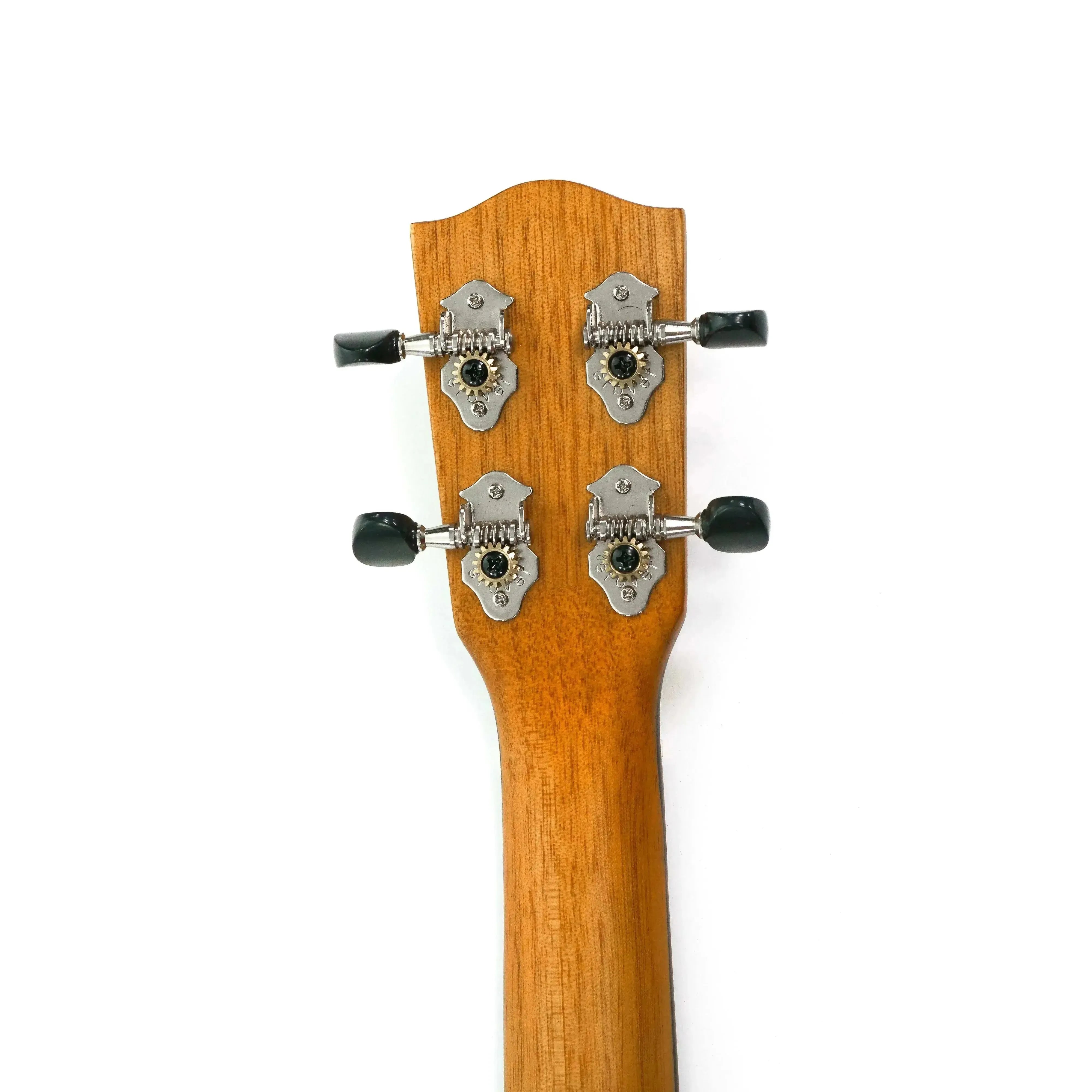 Ohana TK-35CE Tenor Ukulele headstock with solid mahogany, chrome Grover tuners, and black buttons.