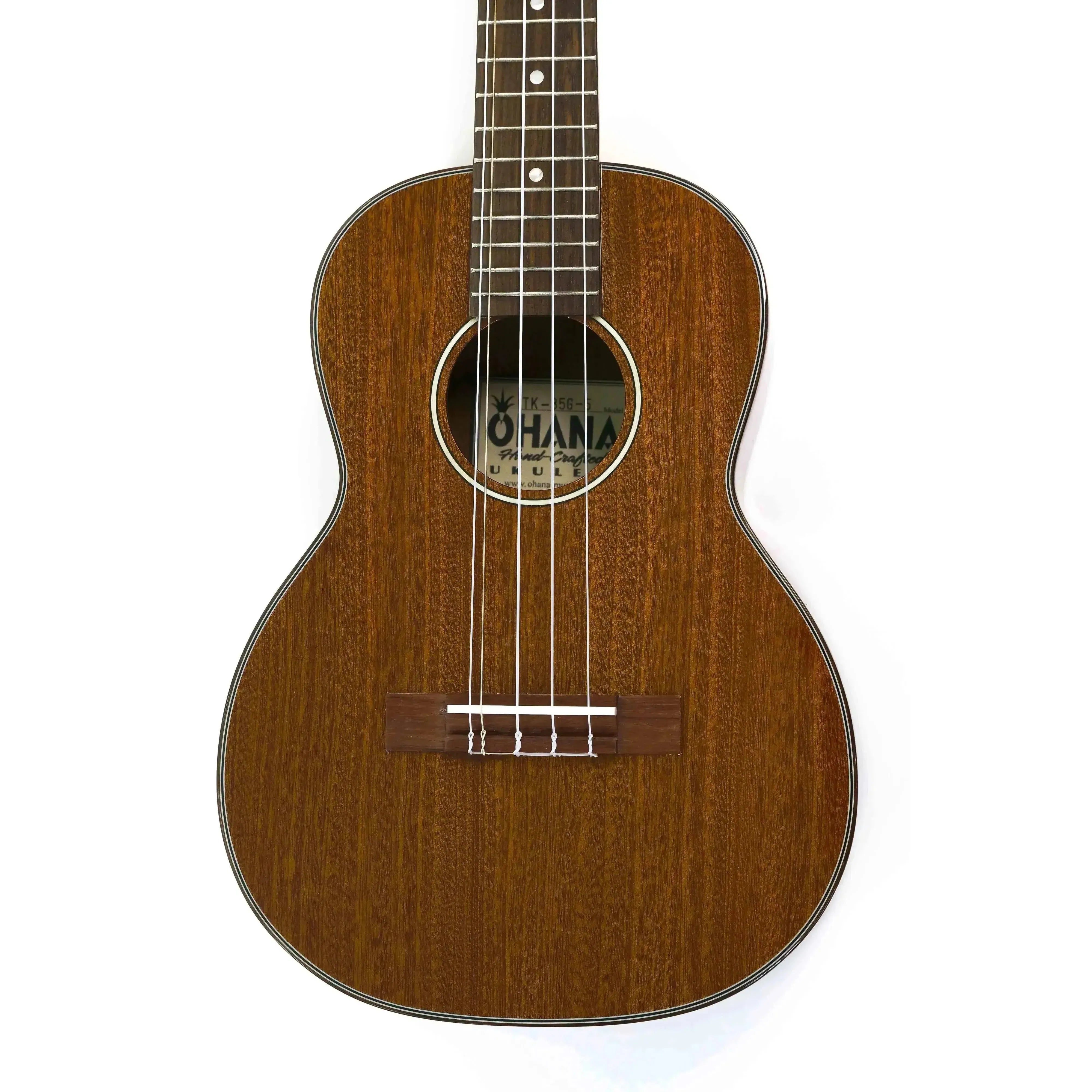 Ohana TK-35G-5 5-string tenor ukulele with solid mahogany body, glossy finish, and white strings.