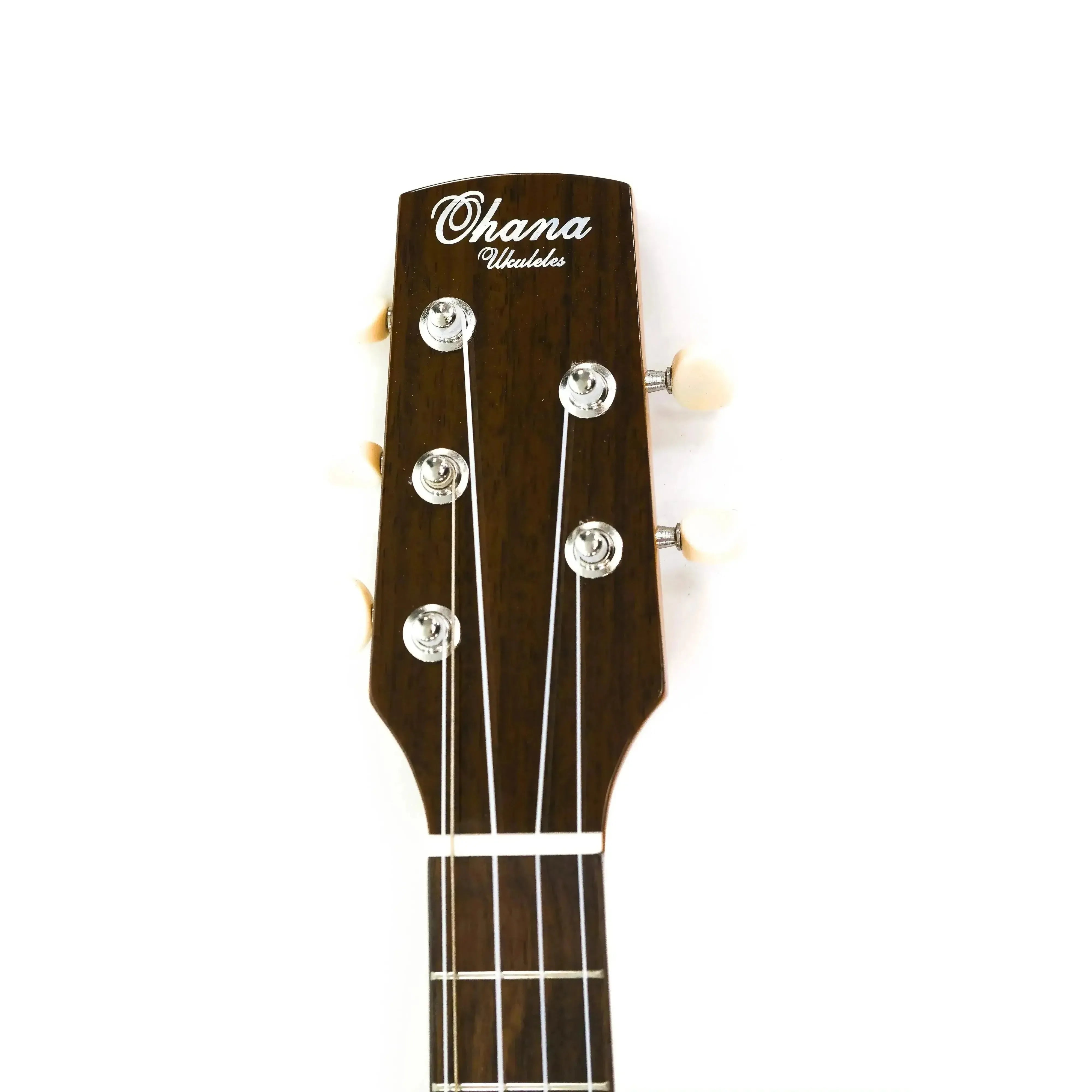 Ohana TK-35G-5 5-string tenor ukulele headstock with solid mahogany, glossy finish, and Grover tuners.