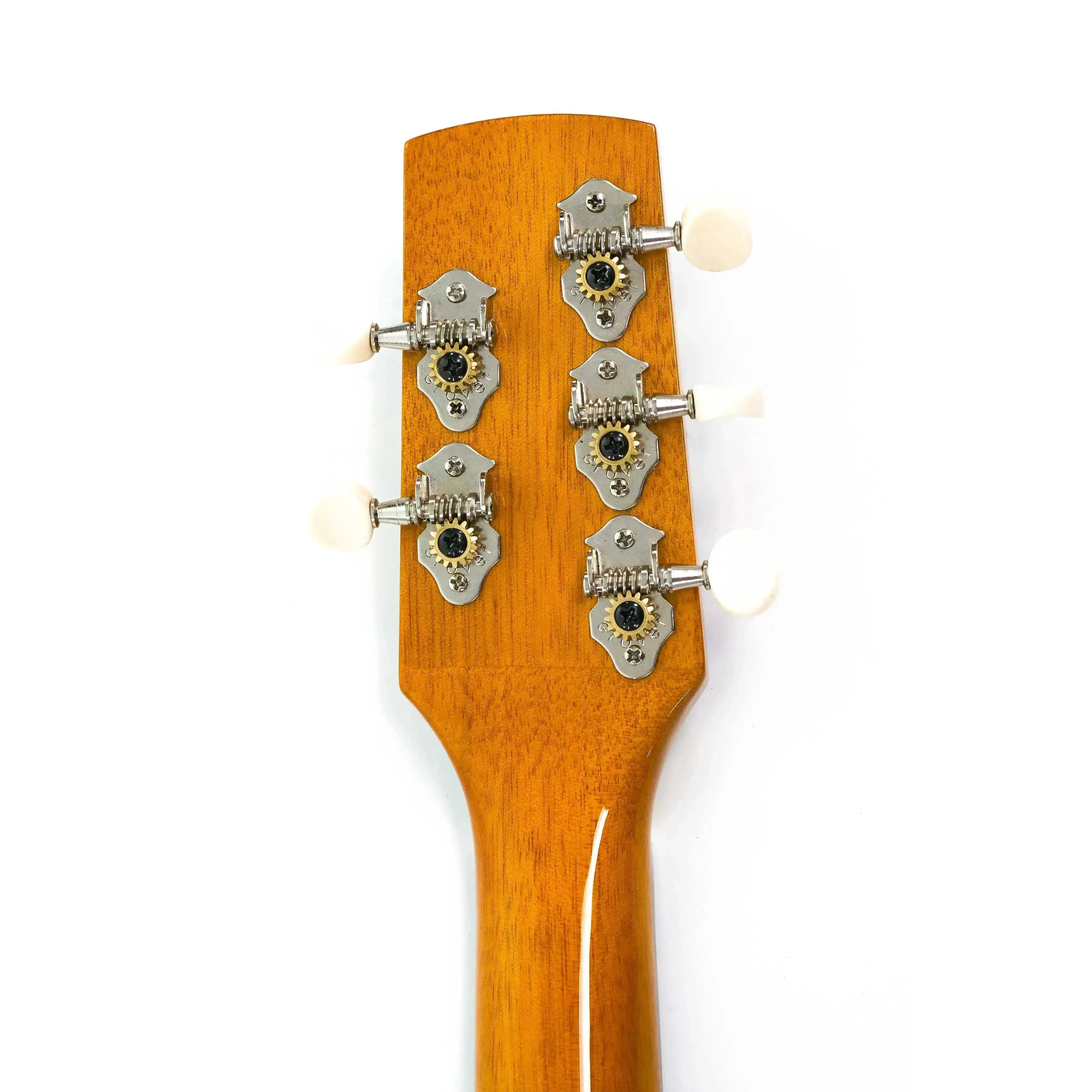 Ohana TK-35G-5 5-string tenor ukulele headstock with Grover open-geared tuners and white buttons.