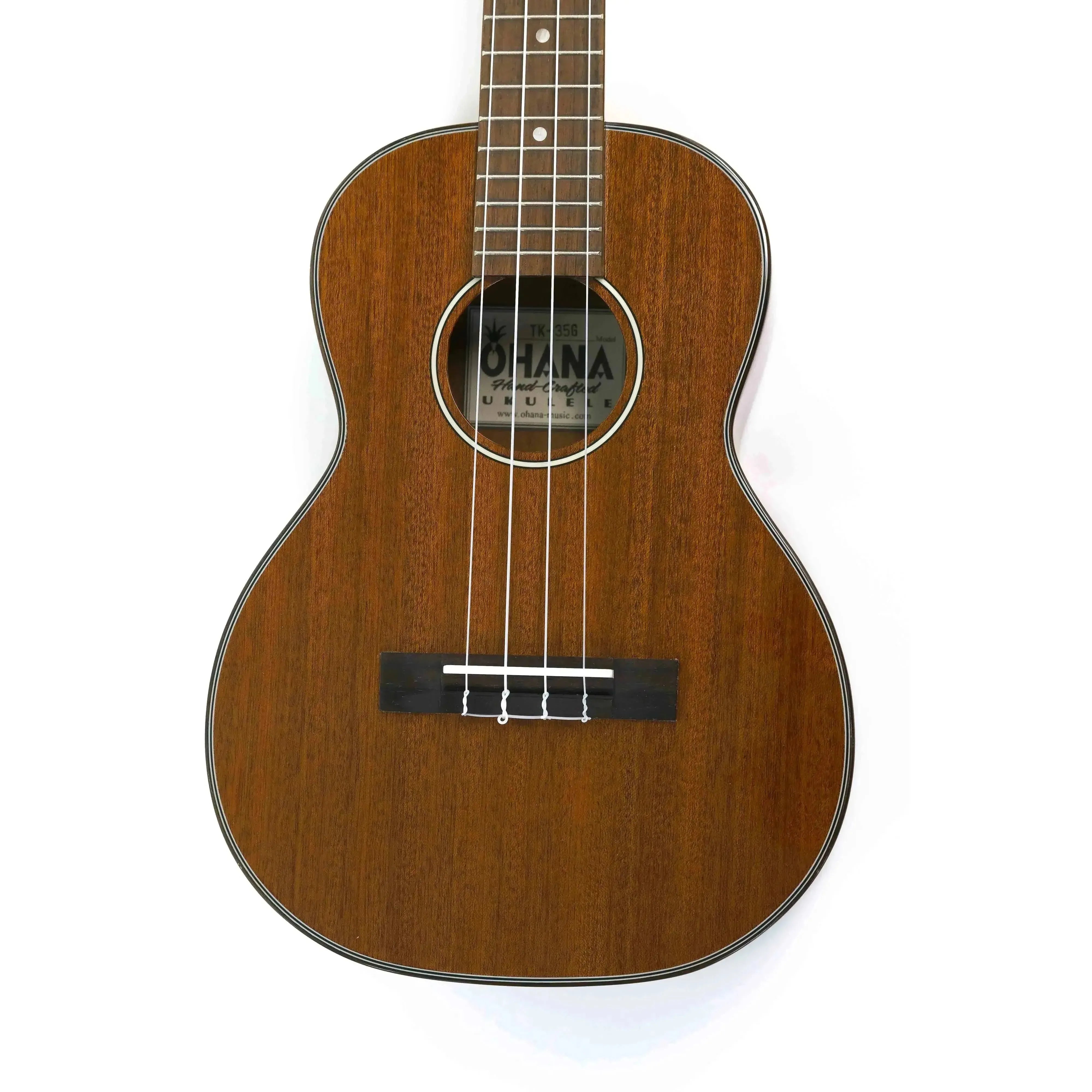 Ohana TK-35G solid mahogany tenor ukulele with gloss finish, white strings, and dark fretboard.