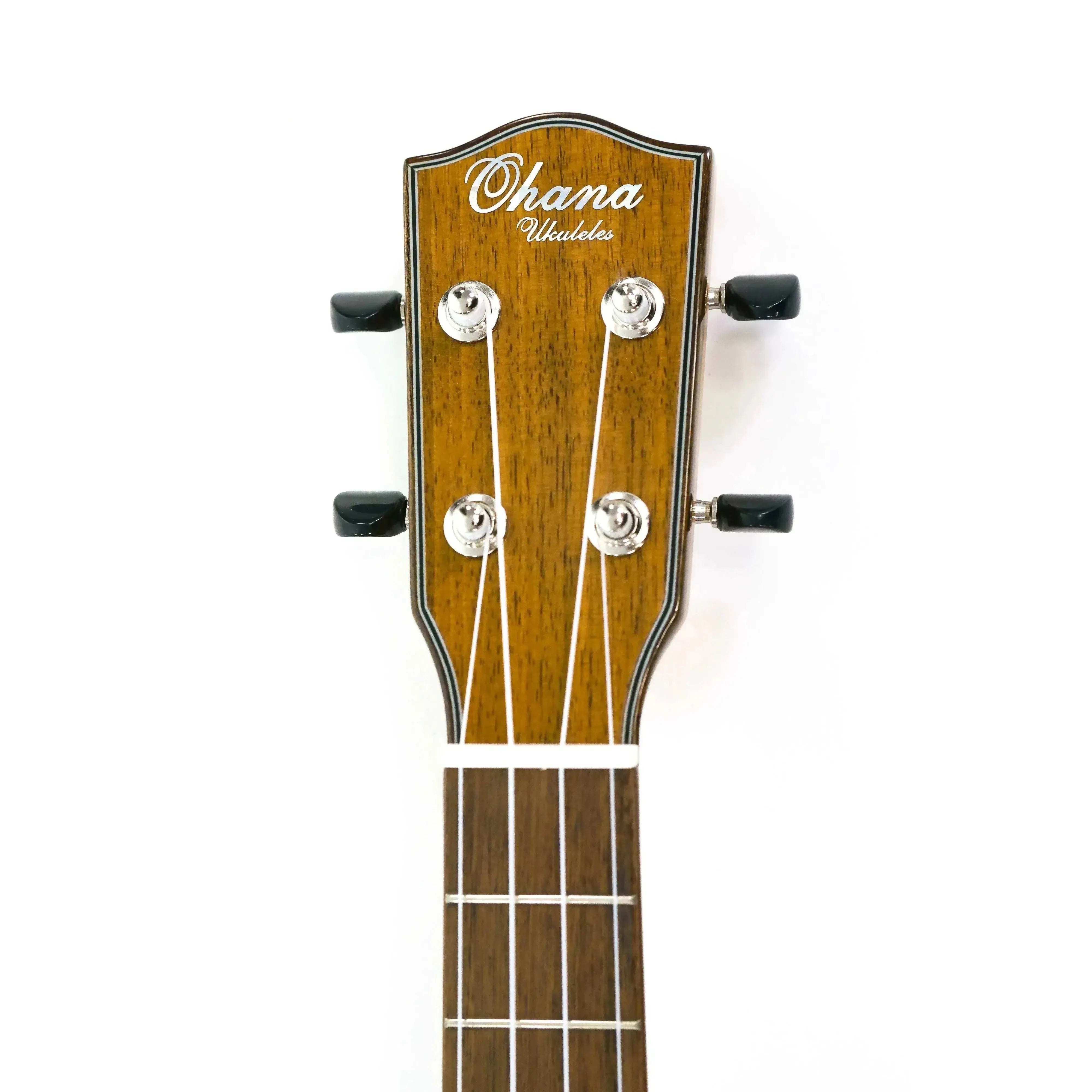 Ohana Ukuleles tenor ukulele headstock, solid mahogany with gloss finish, deluxe open geared tuners.