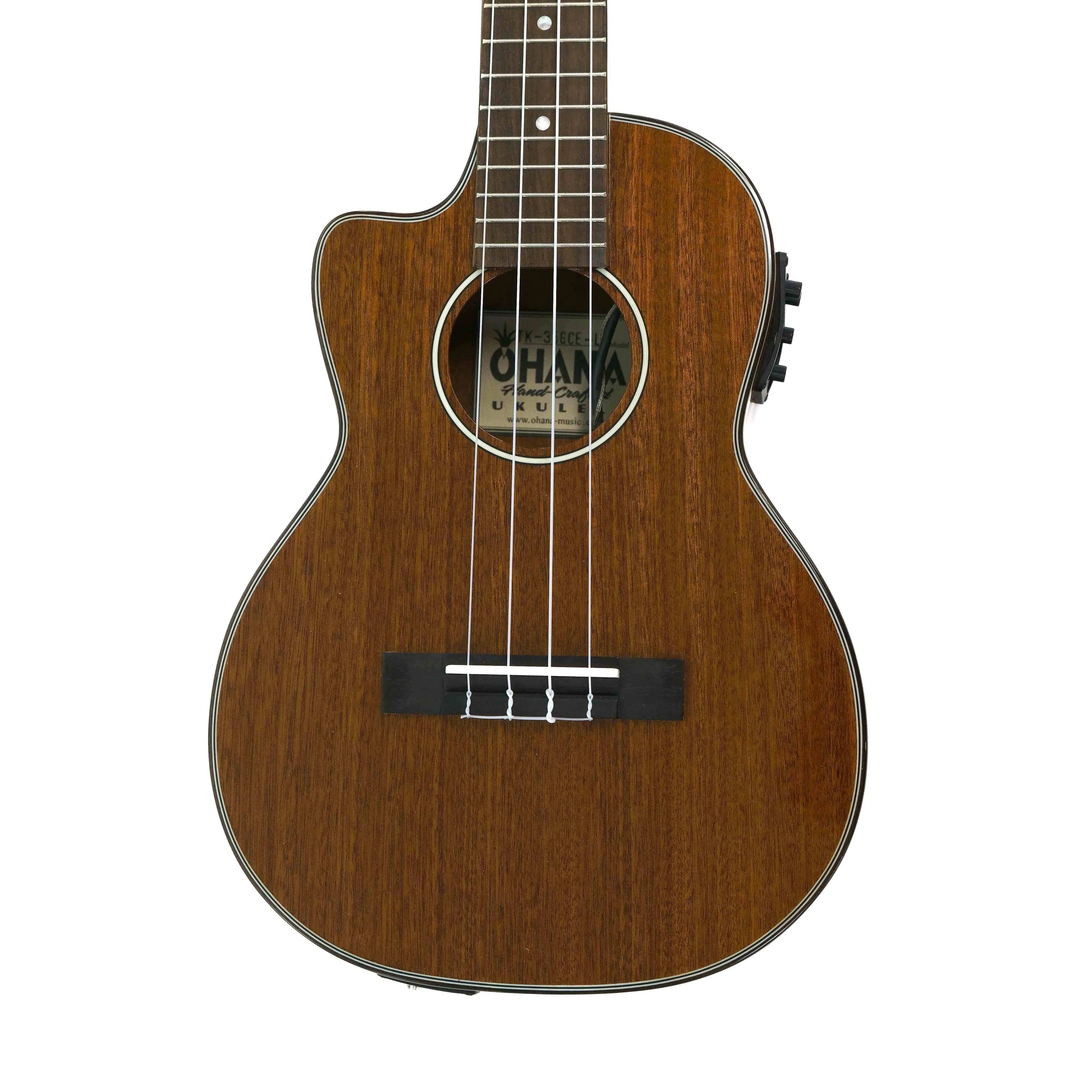 Ohana TK-35GCE-LH left-handed tenor ukulele, all solid mahogany with a cutaway design.