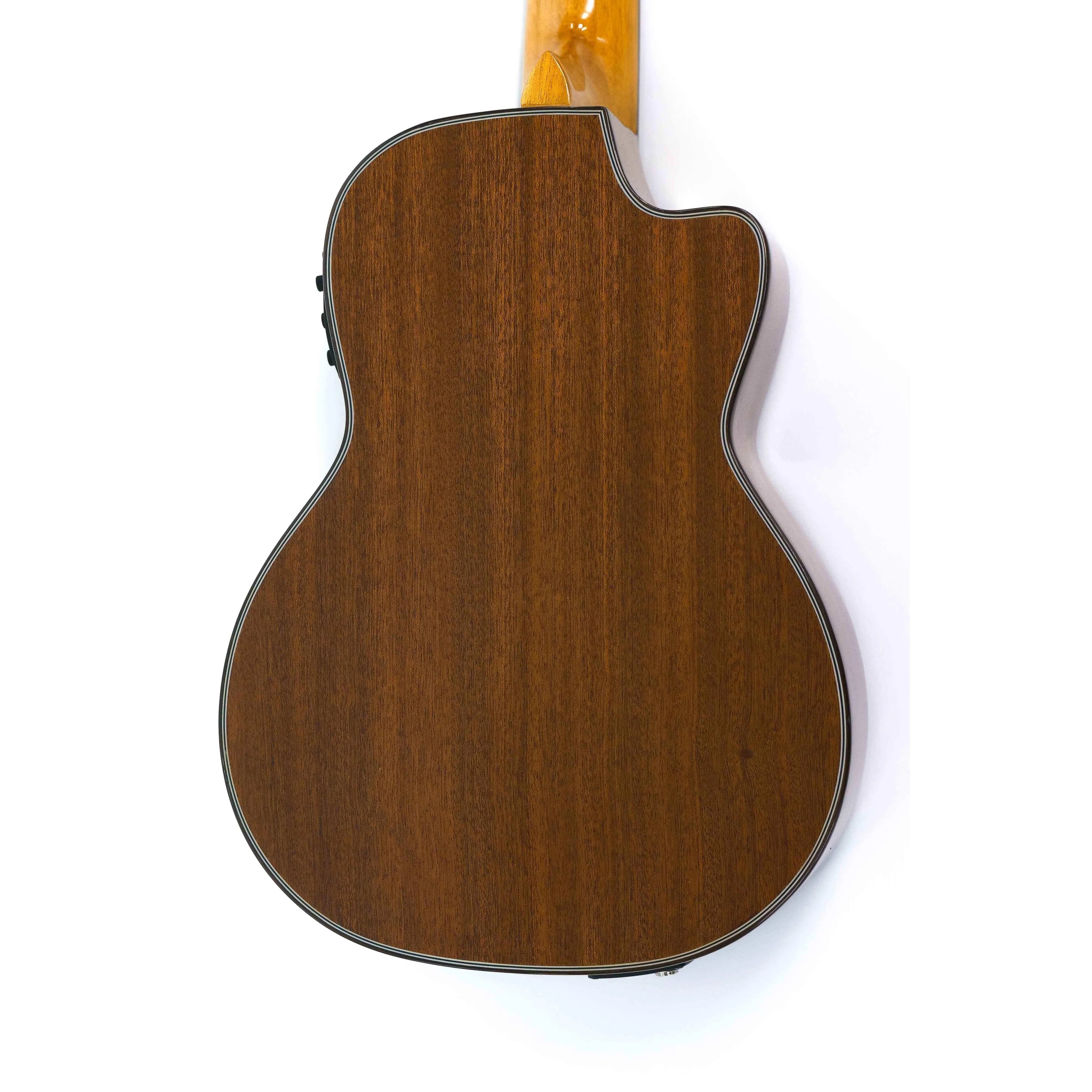 Back of an Ohana TK-35GCE-LH left-handed tenor ukulele, showing its solid mahogany wood grain and cutaway.