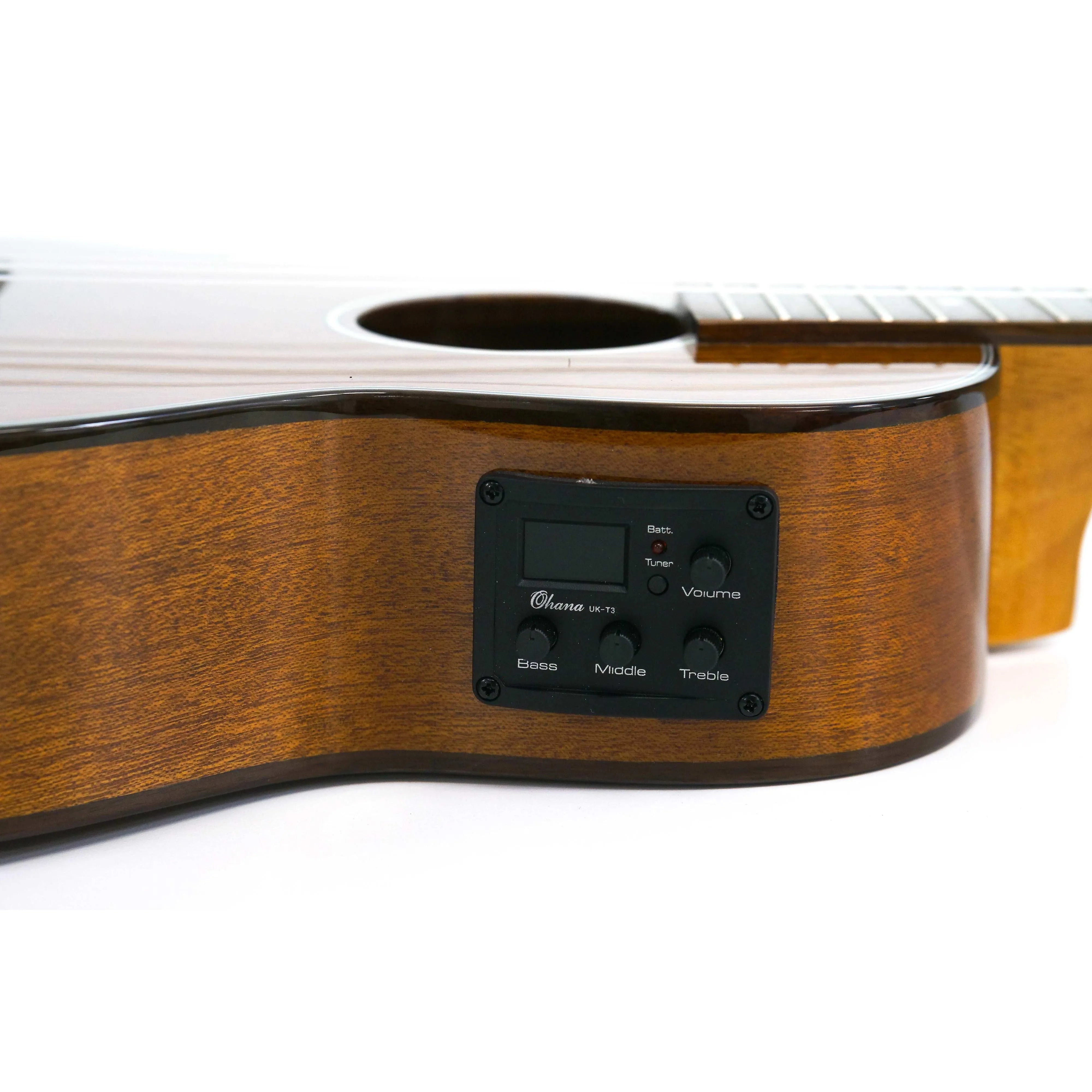 Ohana TK-35GCE-LH tenor ukulele's mahogany body with a black preamp control panel.