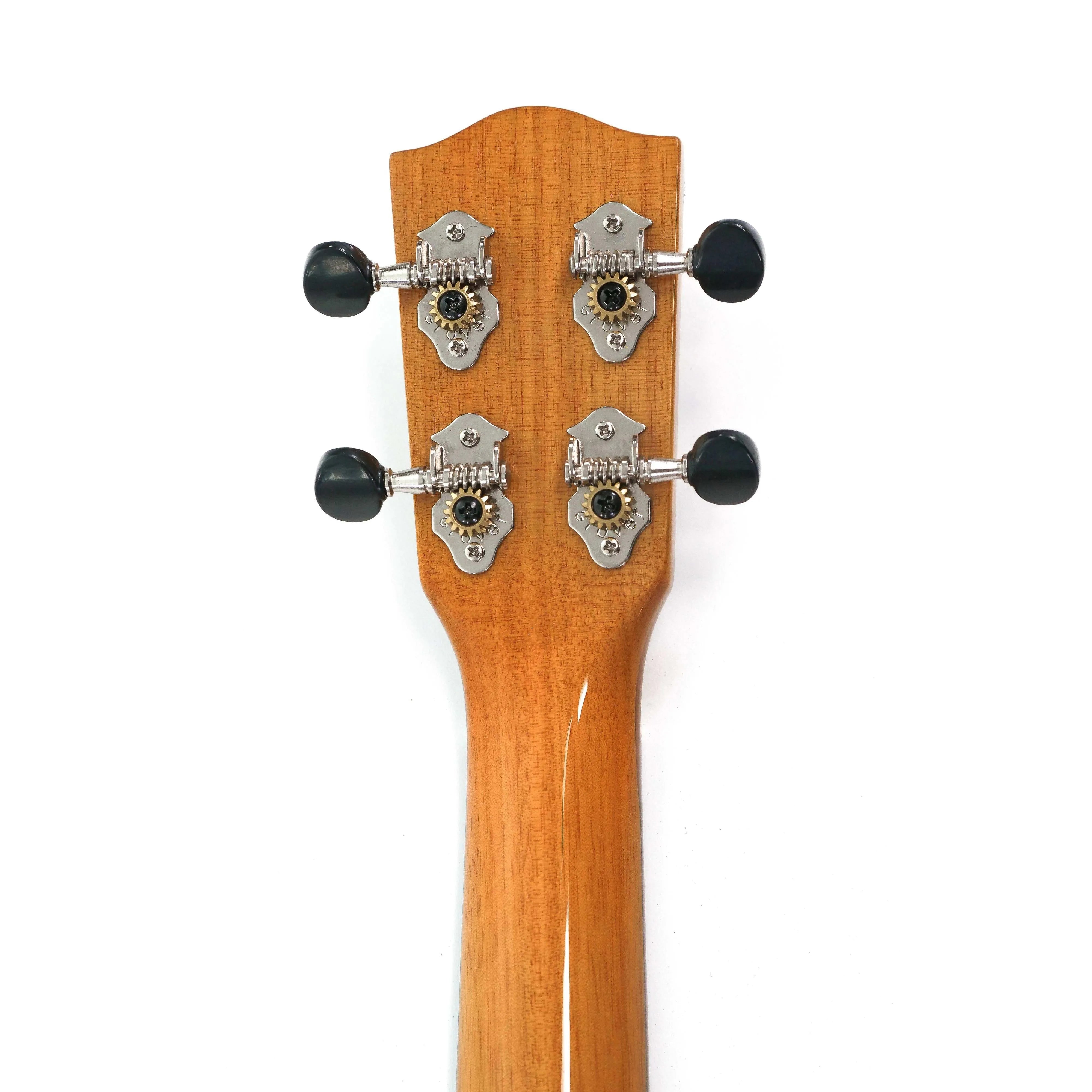 Back of Ohana TK-35GCE-LH tenor ukulele headstock and neck, showing mahogany wood and tuners.