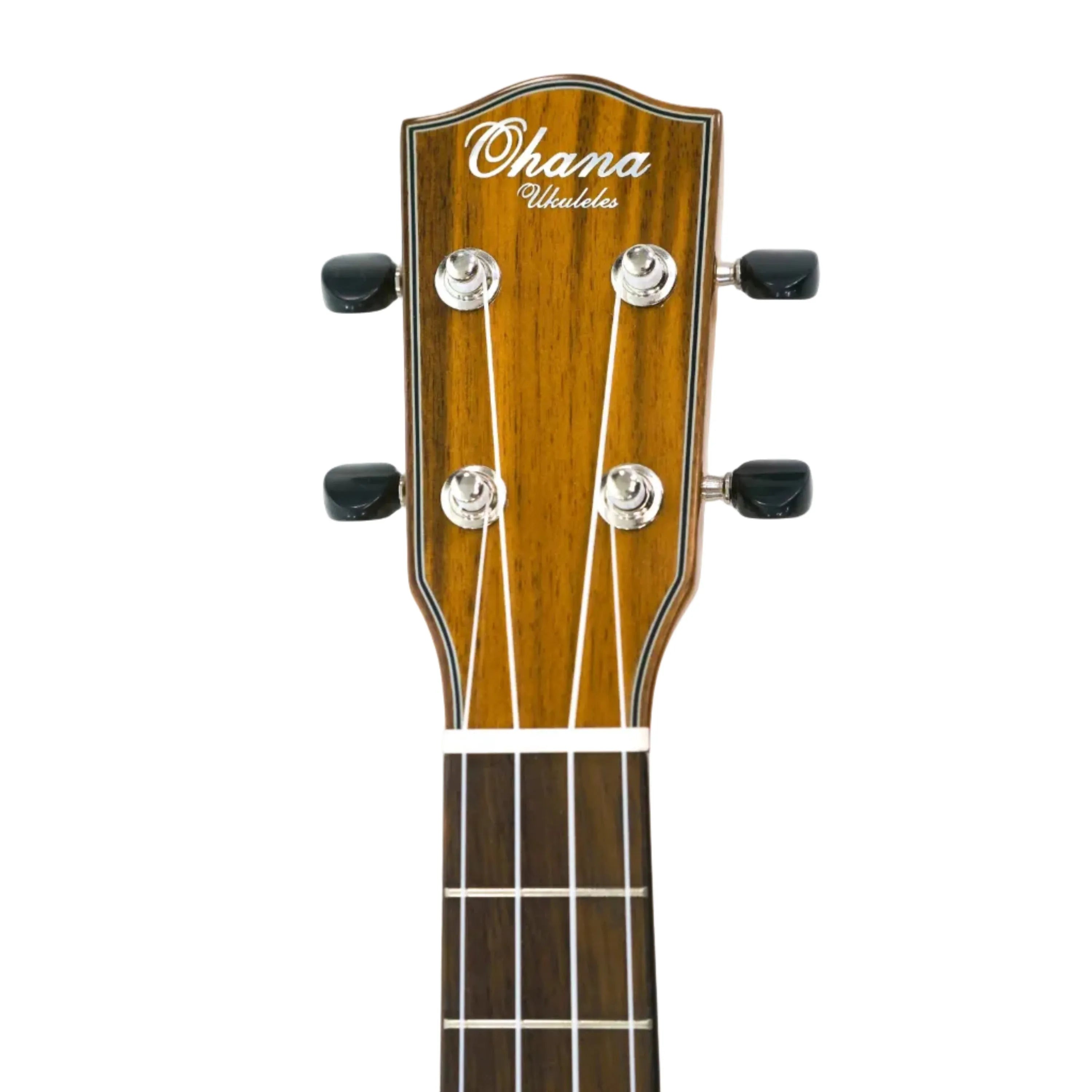 Ohana TK-35GCE-LH Left Handed Tenor Ukulele headstock with glossy mahogany finish and black tuners.