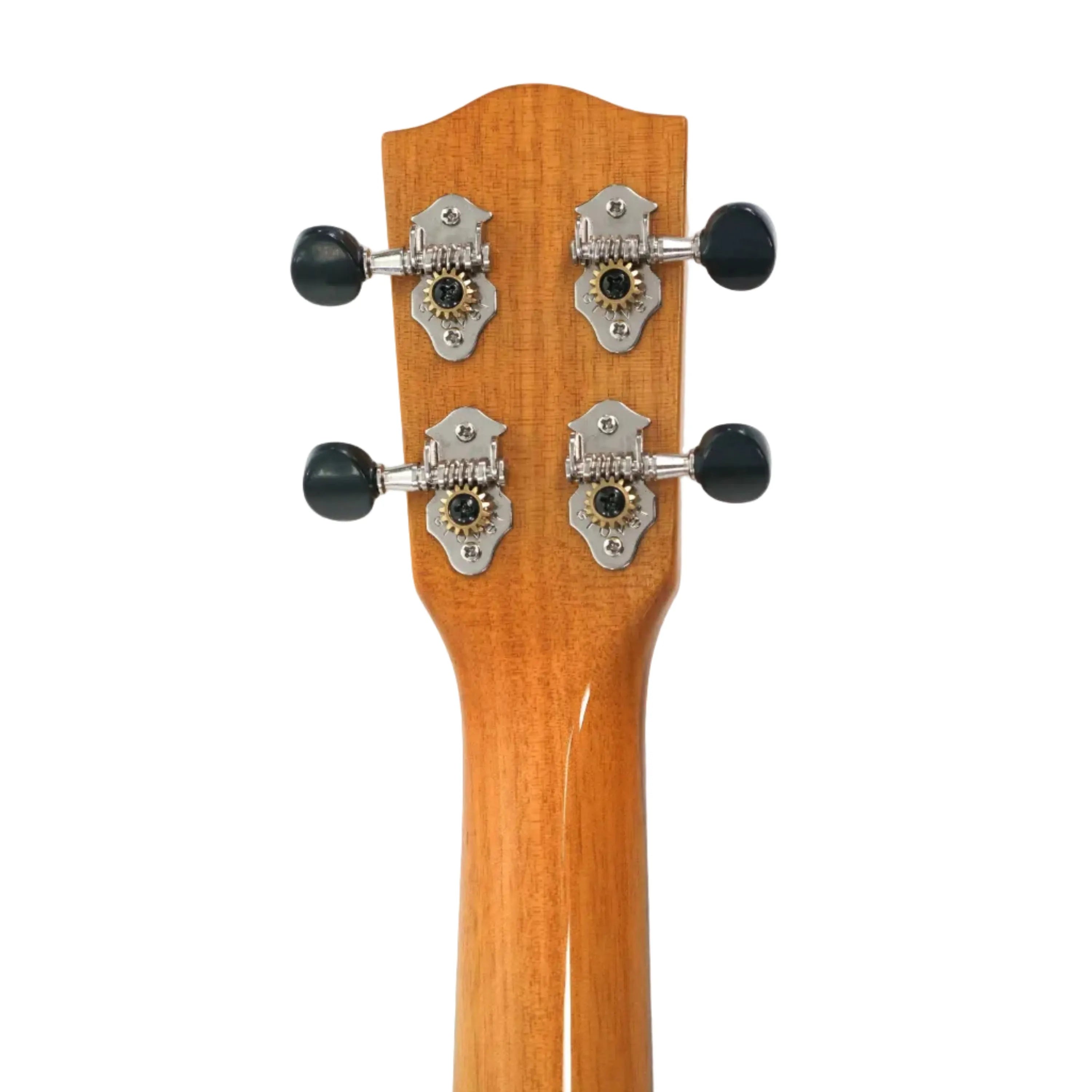 Back of Ohana TK-35GCE-LH left-handed tenor ukulele headstock and neck, showing mahogany wood and tuners.