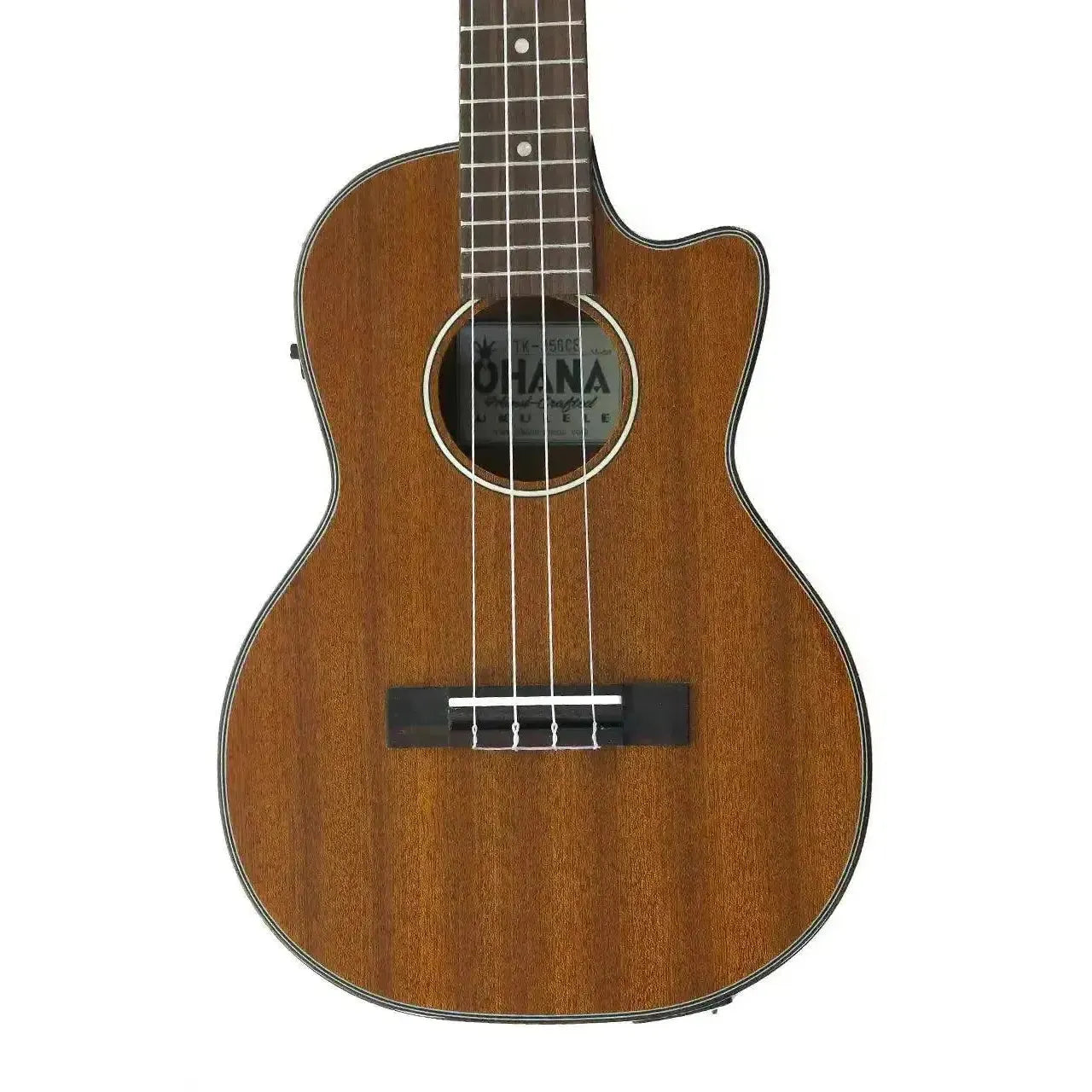 Ohana TK-35GCE solid mahogany tenor ukulele with a cutaway, glossy finish, and pickup.