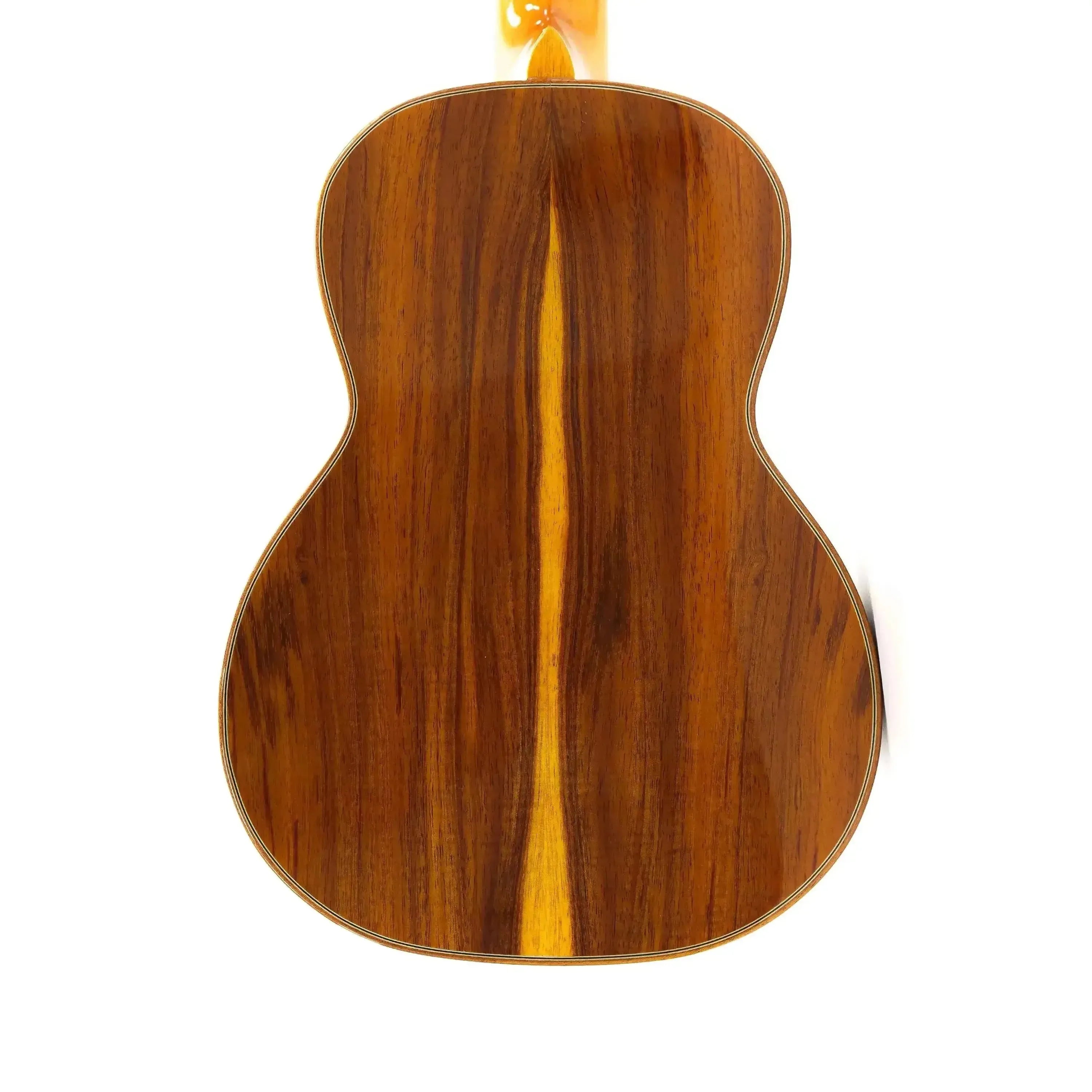 Back of an Ohana TK-370G Tenor Ukulele, showing gloss solid Hawaiian Koa wood with a light center stripe.