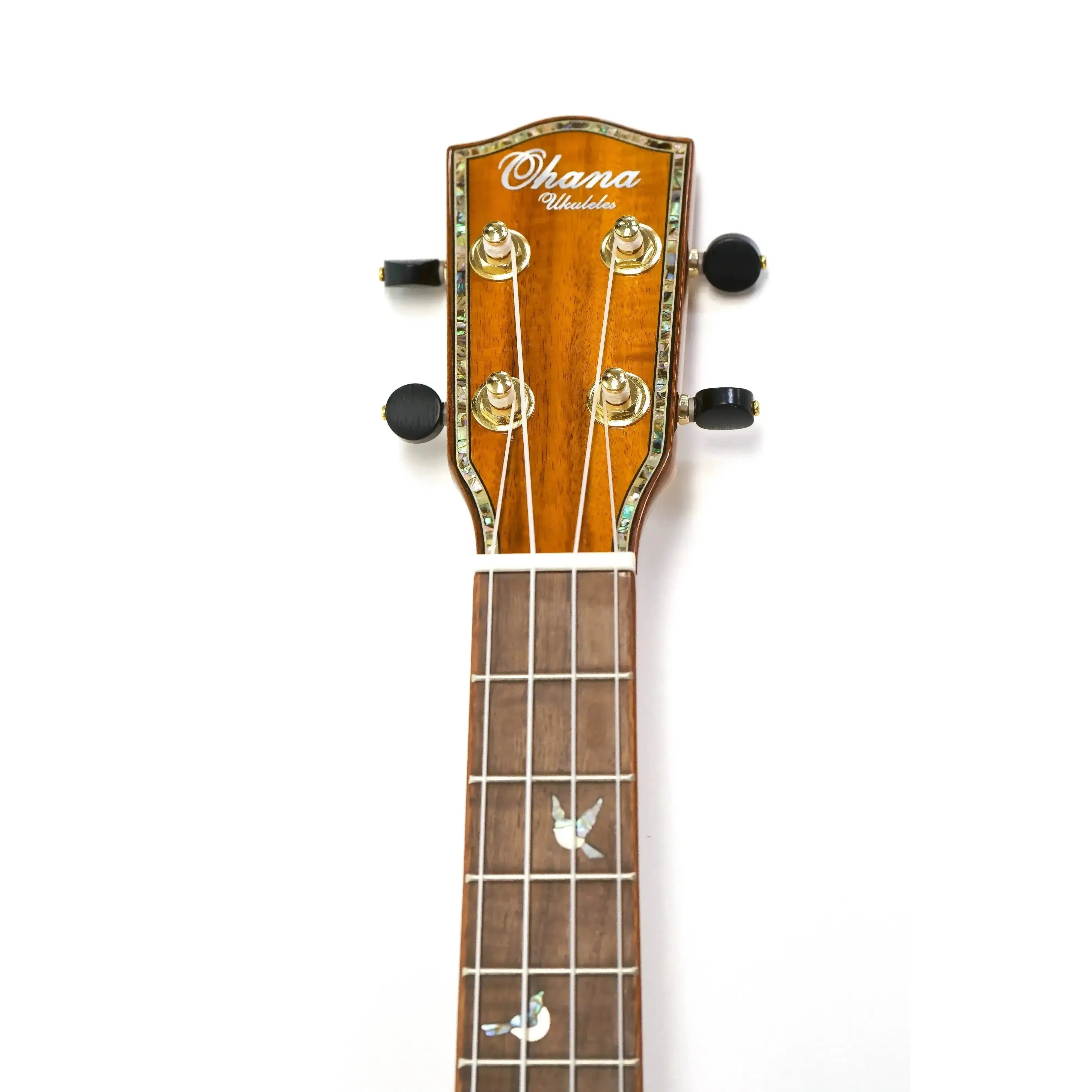 Ohana Tenor Ukulele headstock and fretboard with abalone inlay, mahogany, and gold tuners.