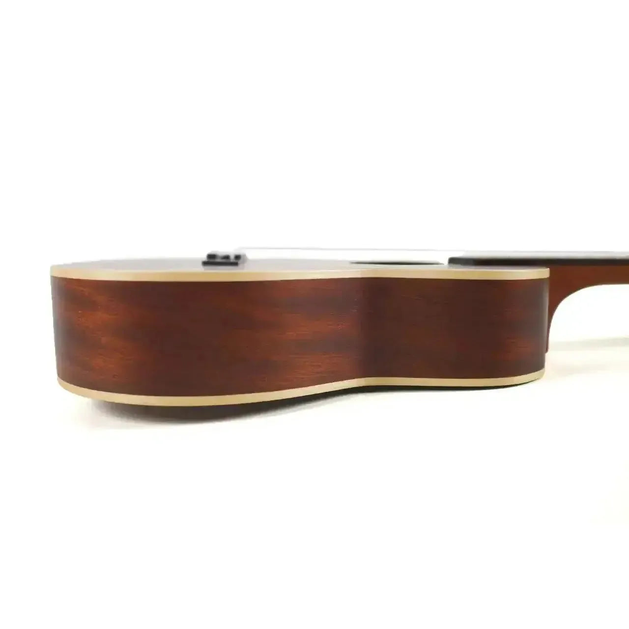 Ohana TK-39 Vintage Line mahogany tenor ukulele side view with maple binding.