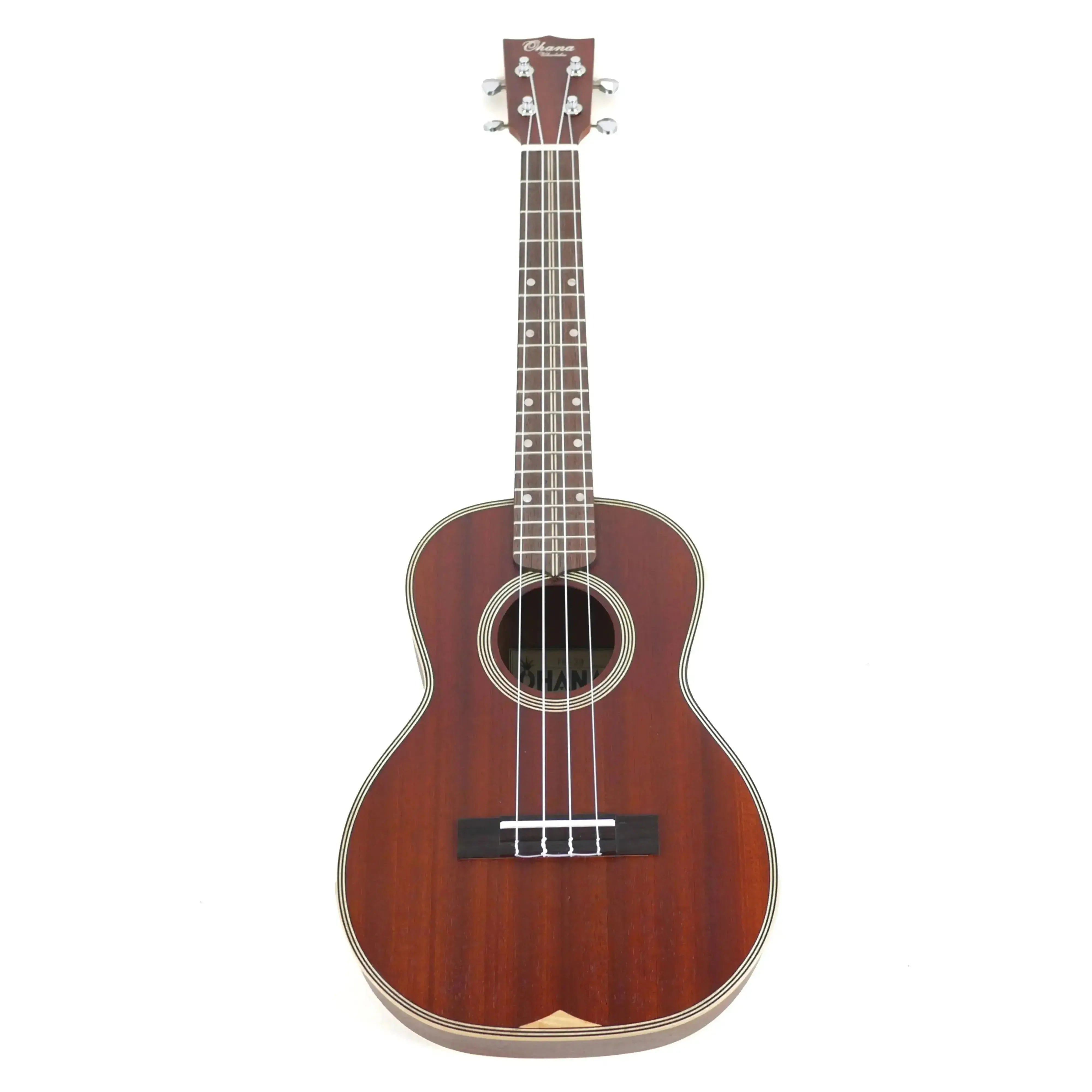 Ohana TK-39 Vintage Line mahogany tenor ukulele with satin finish, maple binding, and multi-ring rosette.
