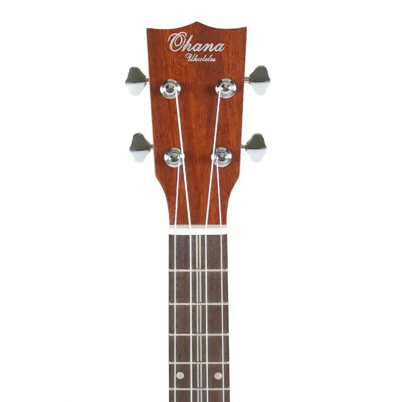 Ohana Ukulele mahogany headstock with "Ohana Ukuleles" logo, Grover tuners, and part of the fretboard.