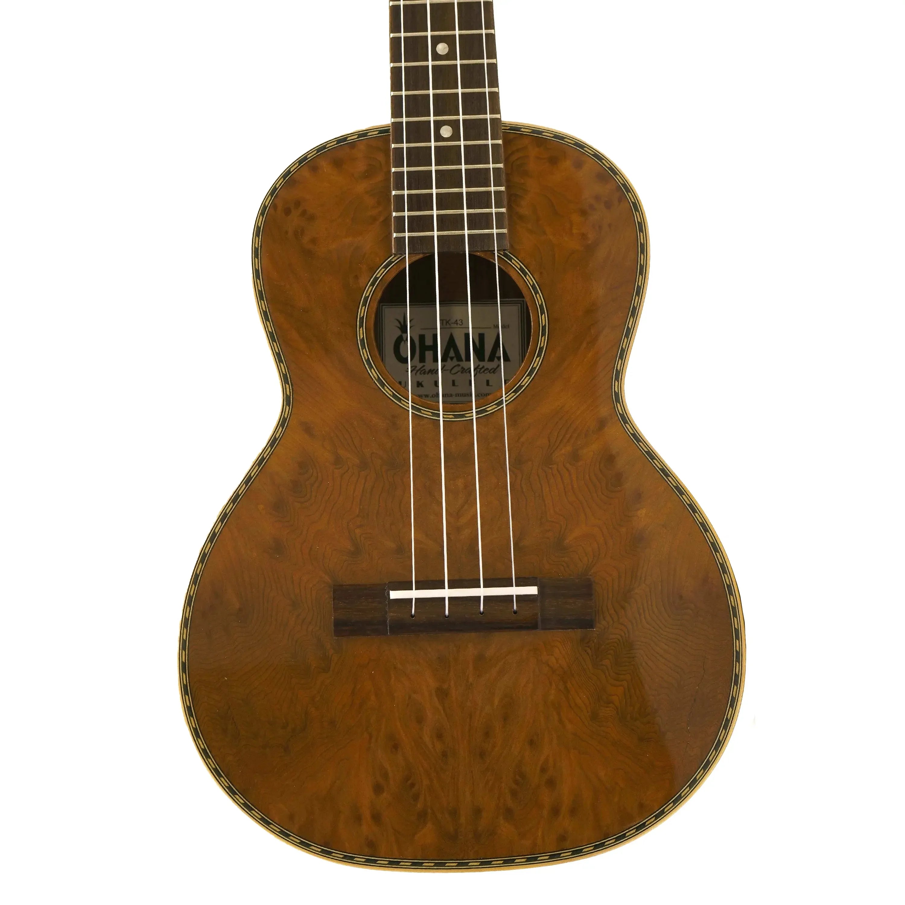 Ohana TK-43 Tenor Ukulele with solid burled redwood top, rosewood back, and rope purfling.