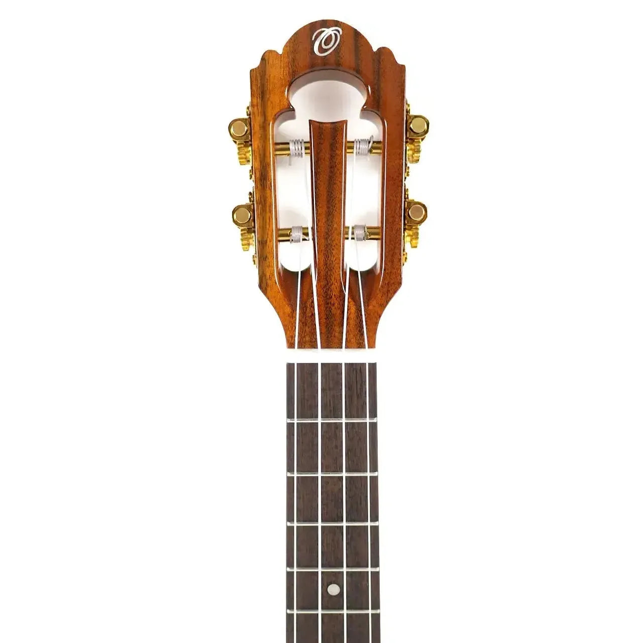 Ohana TK-450 solid koa tenor ukulele headstock with slotted design, gold tuners, and dark fretboard.