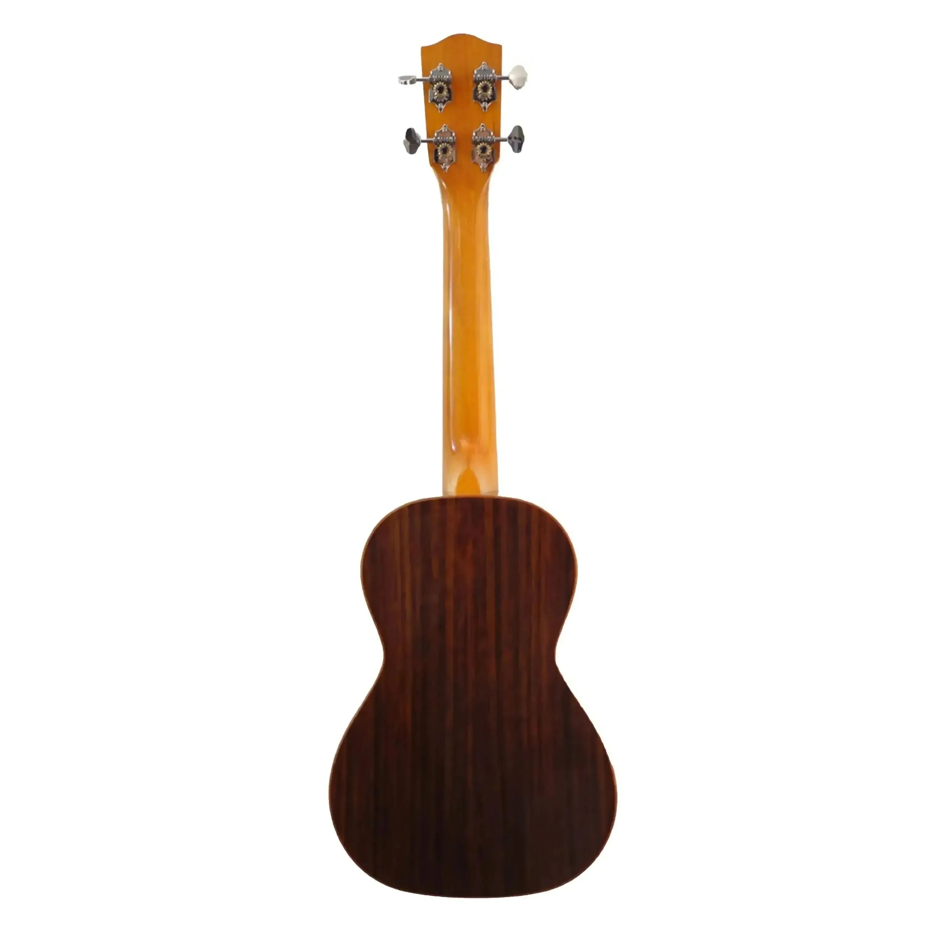 Back of Ohana TK-50G tenor ukulele, showing dark rosewood body, light cedar neck, and chrome tuners.
