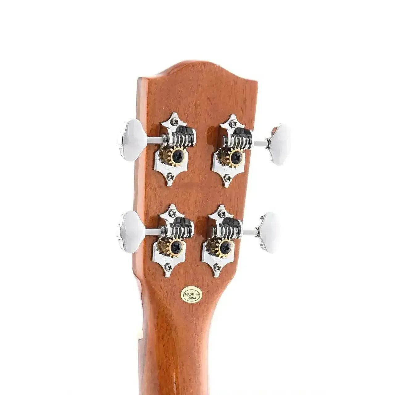 Back of Ohana TK-50G tenor ukulele headstock with Grover chrome open-geared tuners and "Made in China" sticker.