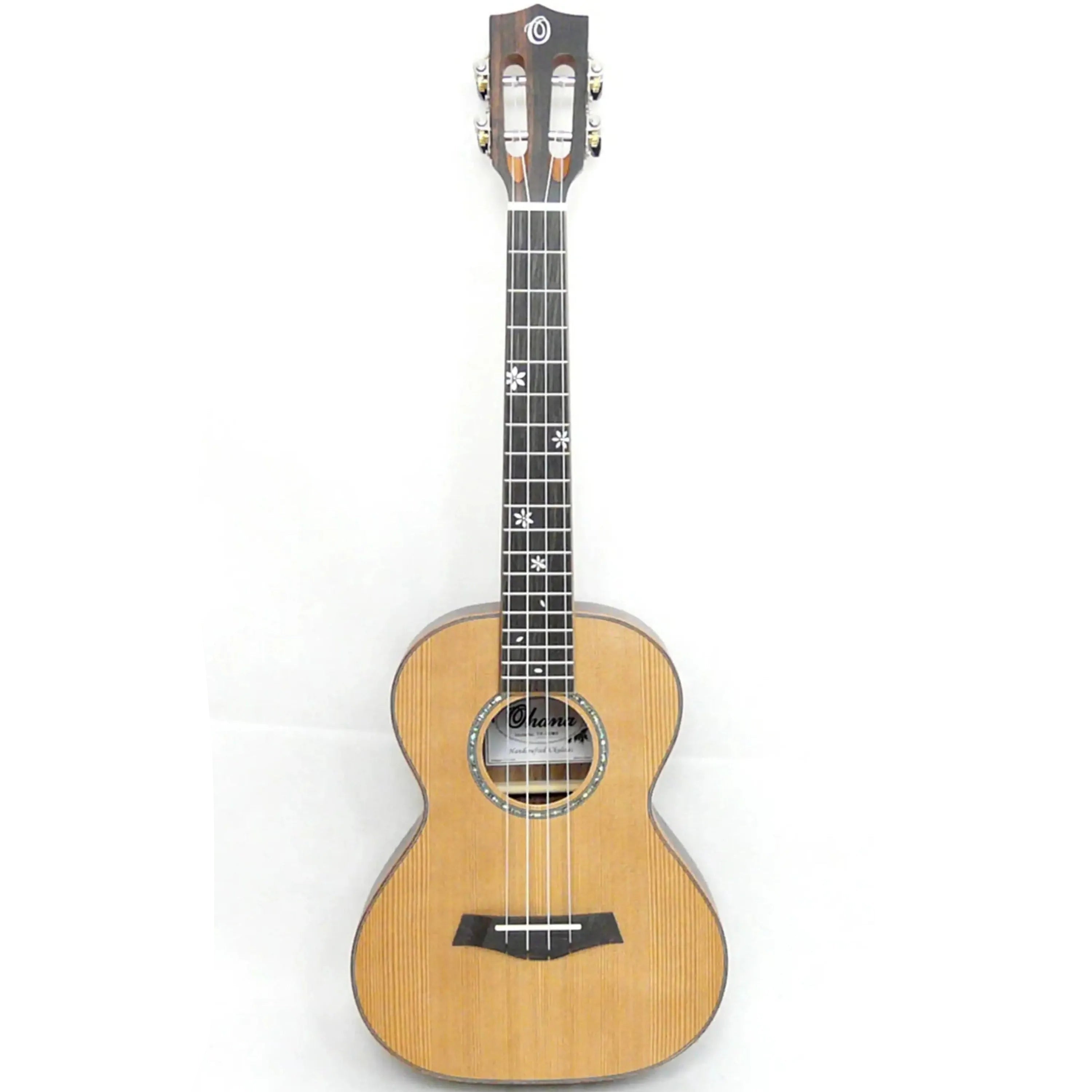 Ohana TK-50ME Tenor Ukulele with solid cedar top, dark Macassar ebony back/sides, and snowflake inlays.