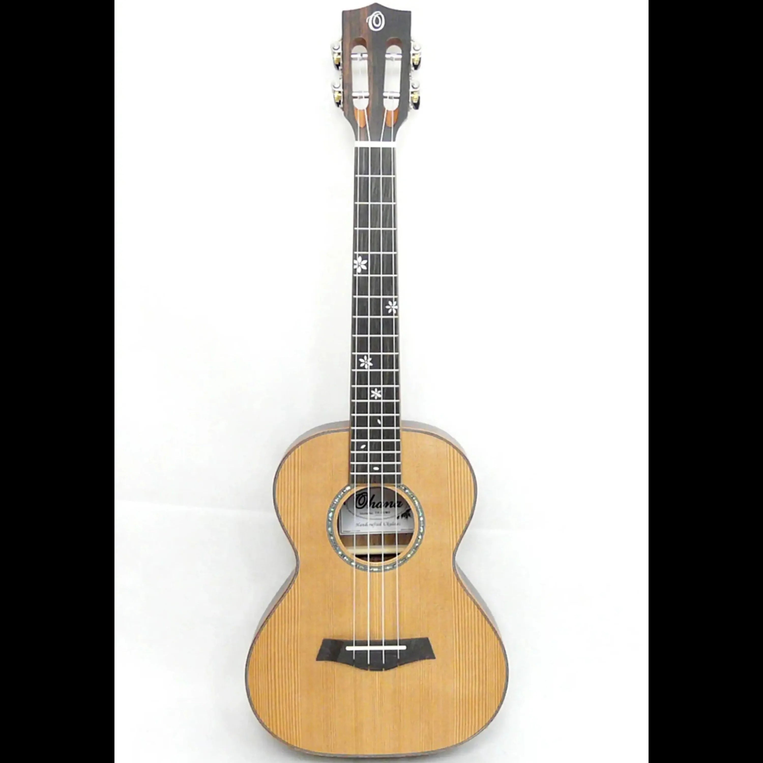 Ohana TK-50ME Tenor Ukulele with solid cedar top, dark Macassar ebony back/sides, and snowflake inlays.
