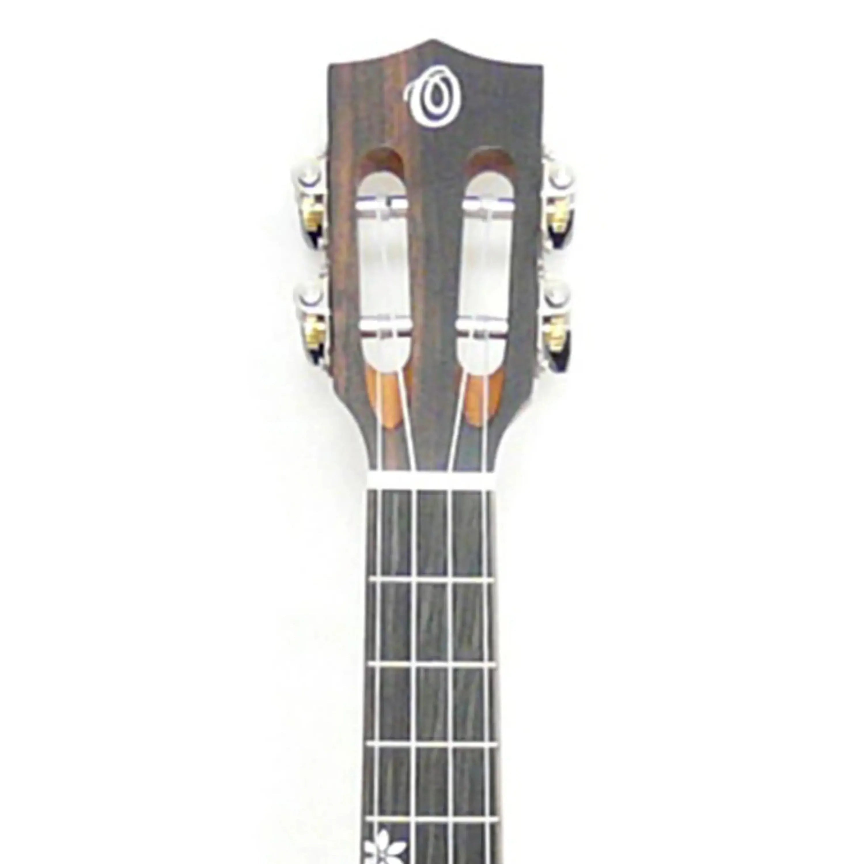 Ohana TK-50ME Tenor Ukulele headstock with dark Macassar ebony, slotted design, Grover tuners, and logo.
