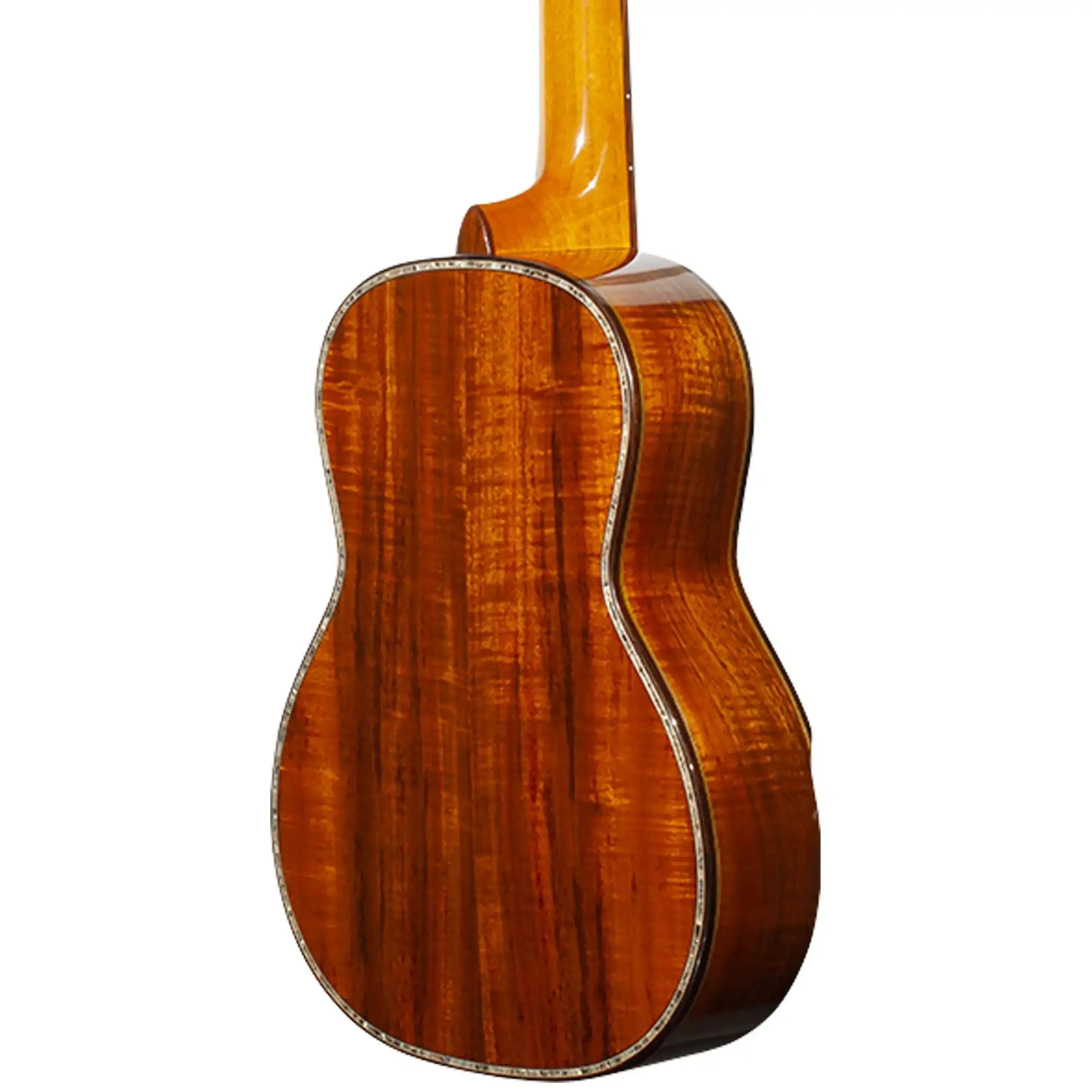 Ohana TK-575G Limited Edition Premium Koa Tenor Ukulele, back view, rich brown wood grain, satin finish.