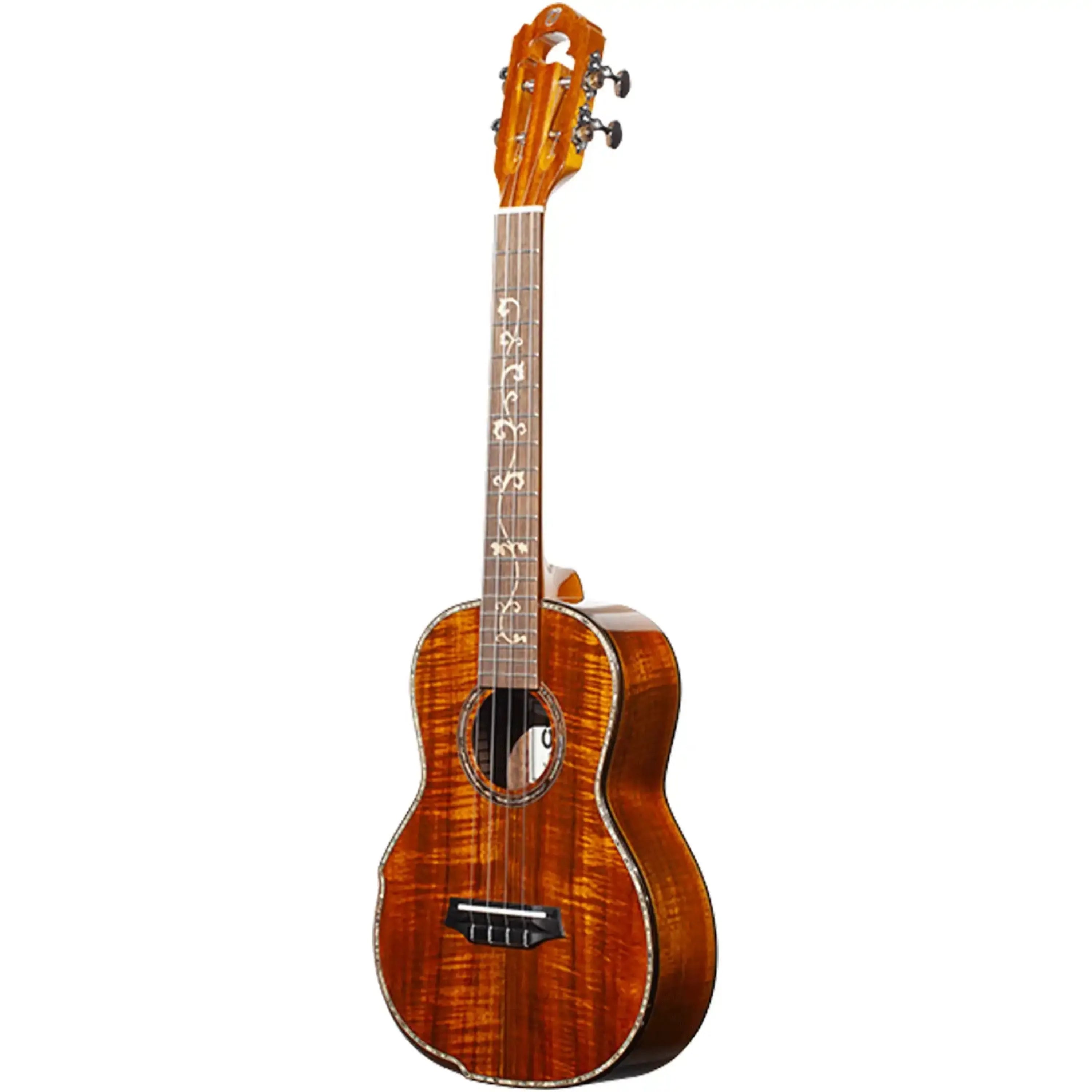 Ohana TK-575G Limited Edition Premium Koa Tenor Ukulele with abalone vine inlay and slotted headstock.