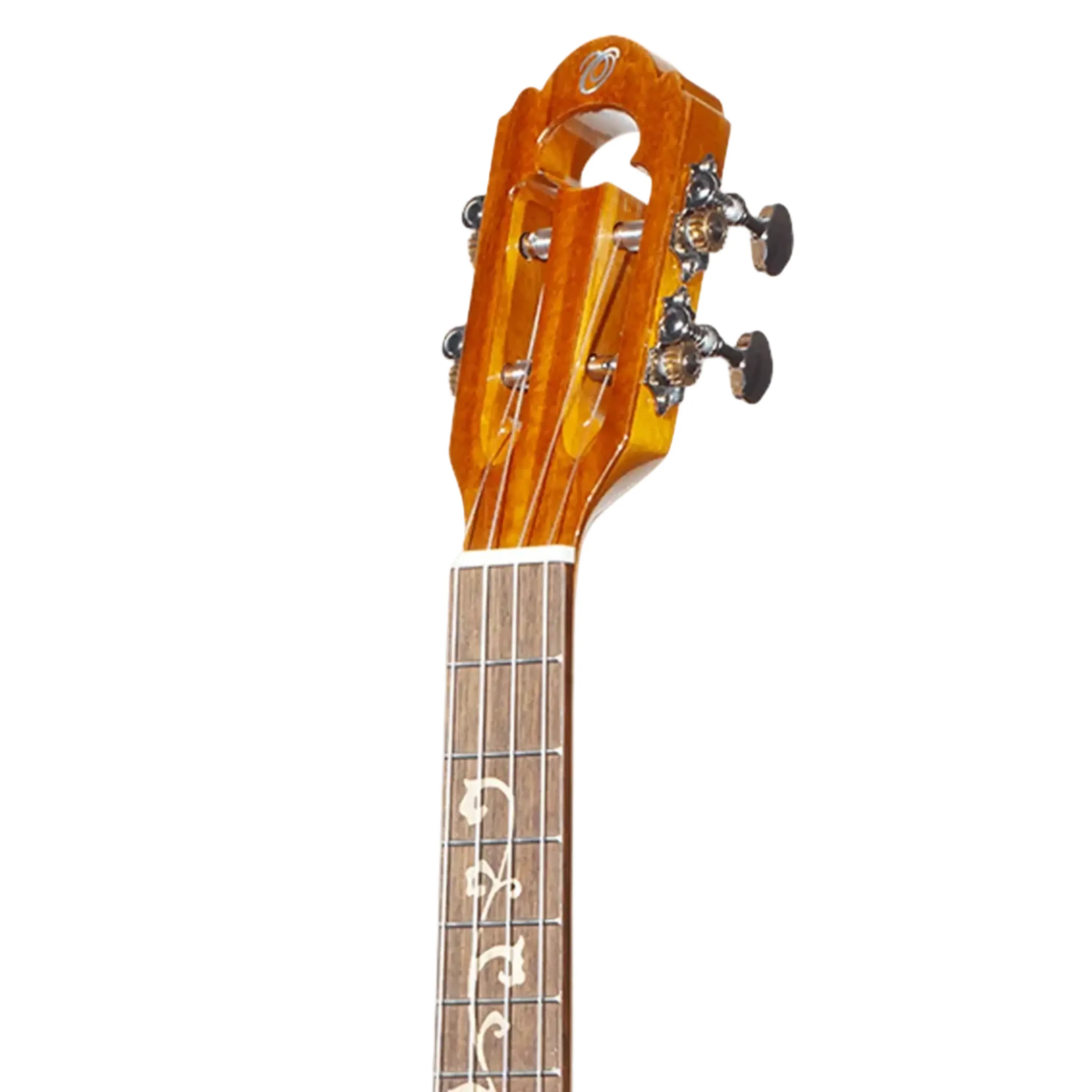 Ohana TK-575G Limited Edition Premium Koa Tenor Ukulele headstock with slotted design and vine inlay.