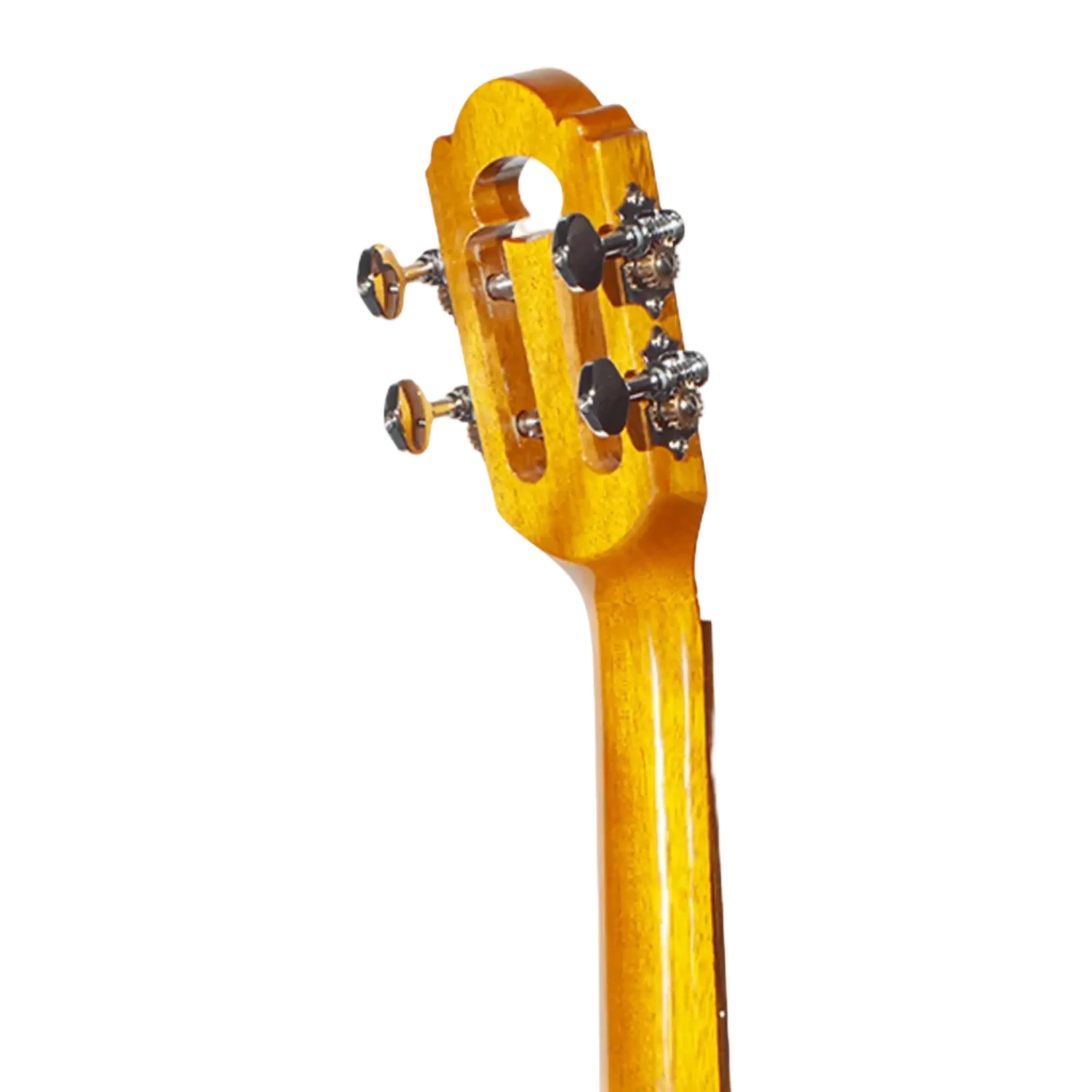 Ohana TK-575G Premium Koa Tenor Ukulele headstock with slotted design and open-geared tuners.