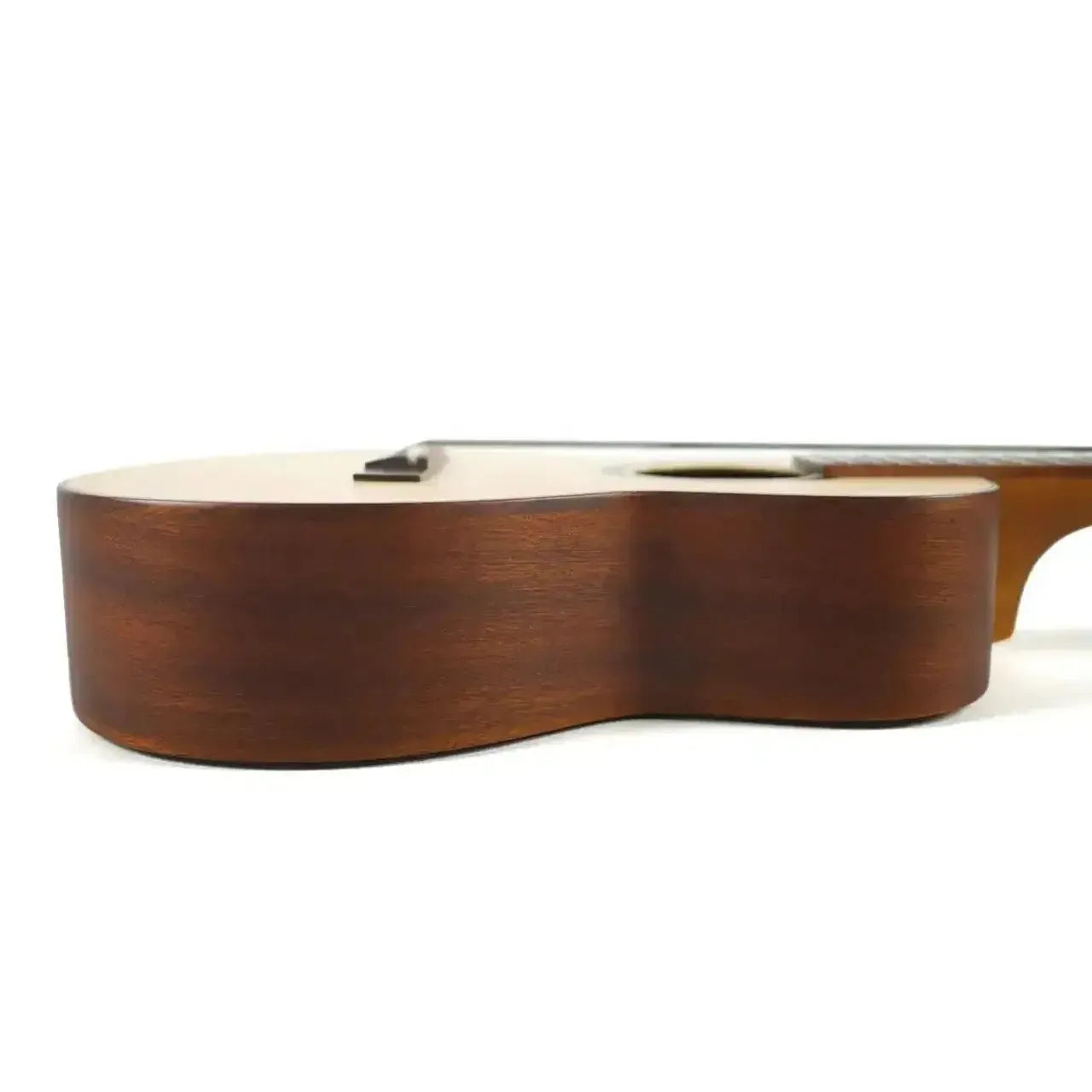 Ohana TK-70-6 6 String Tenor Ukulele, side view showing solid spruce top and mahogany back.
