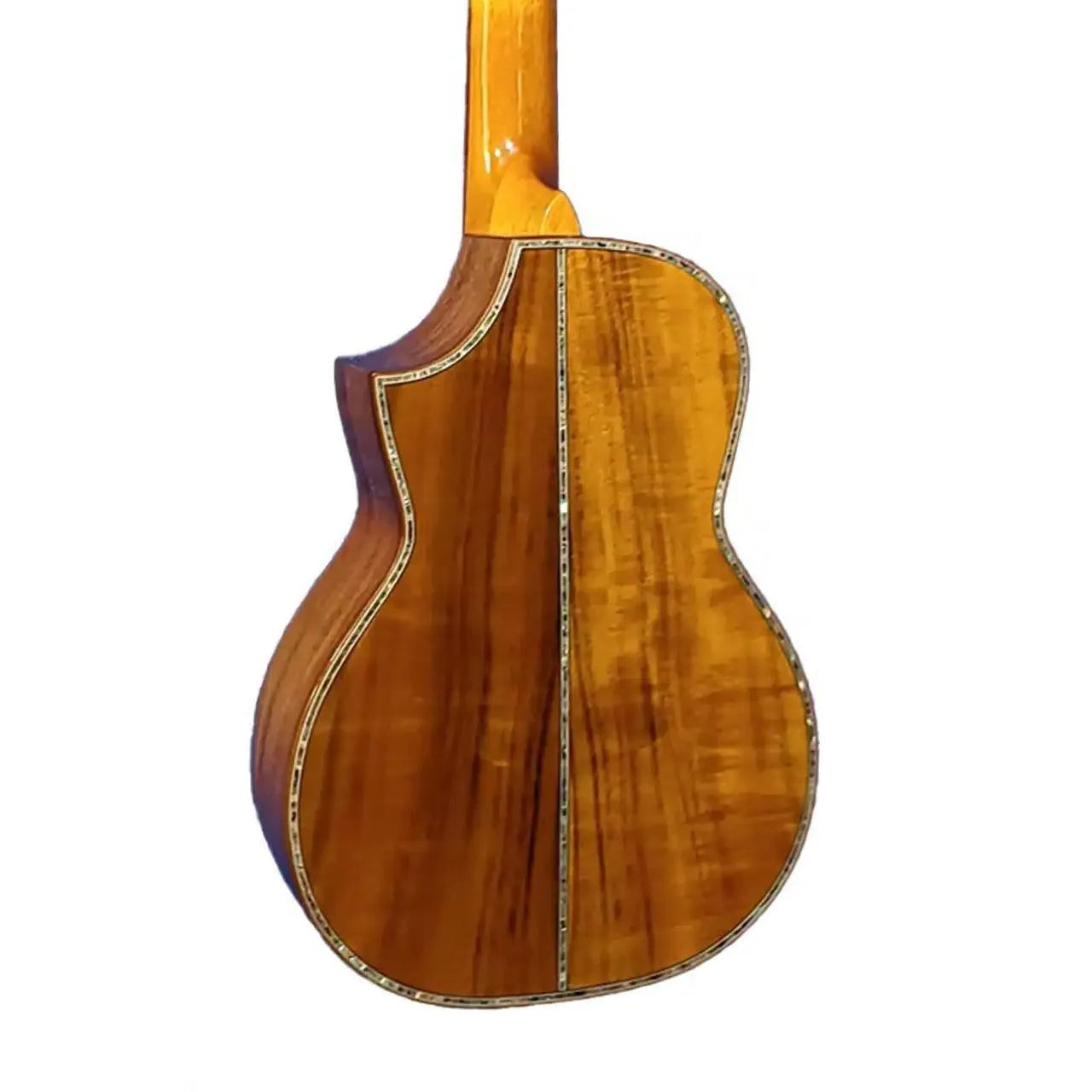 Ohana TK-70KCE Tenor Ukulele back, koa laminate with mahogany binding and abalone inlays.
