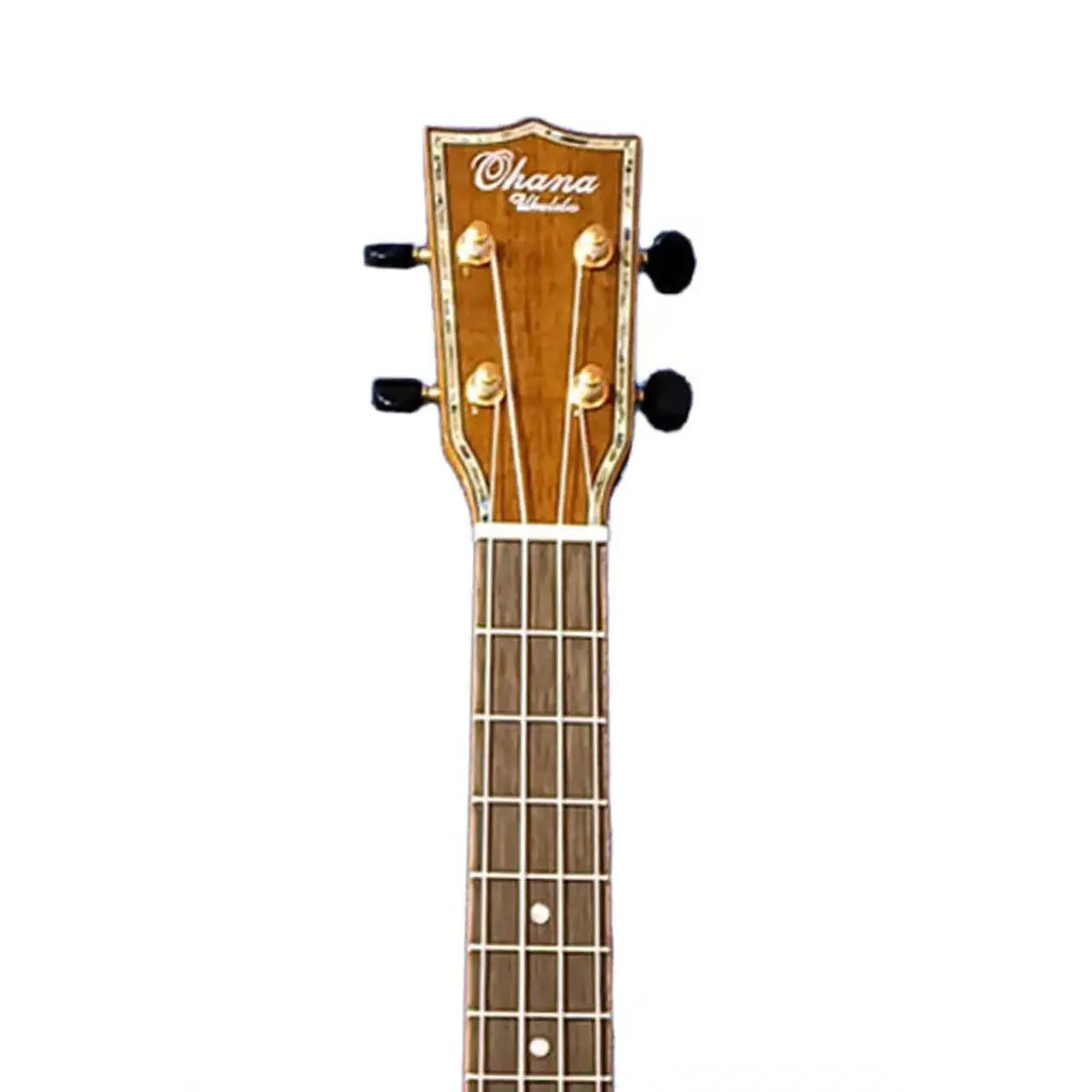 Ohana TK-70KCE Tenor Ukulele headstock with gold tuners, black buttons, and abalone inlay.