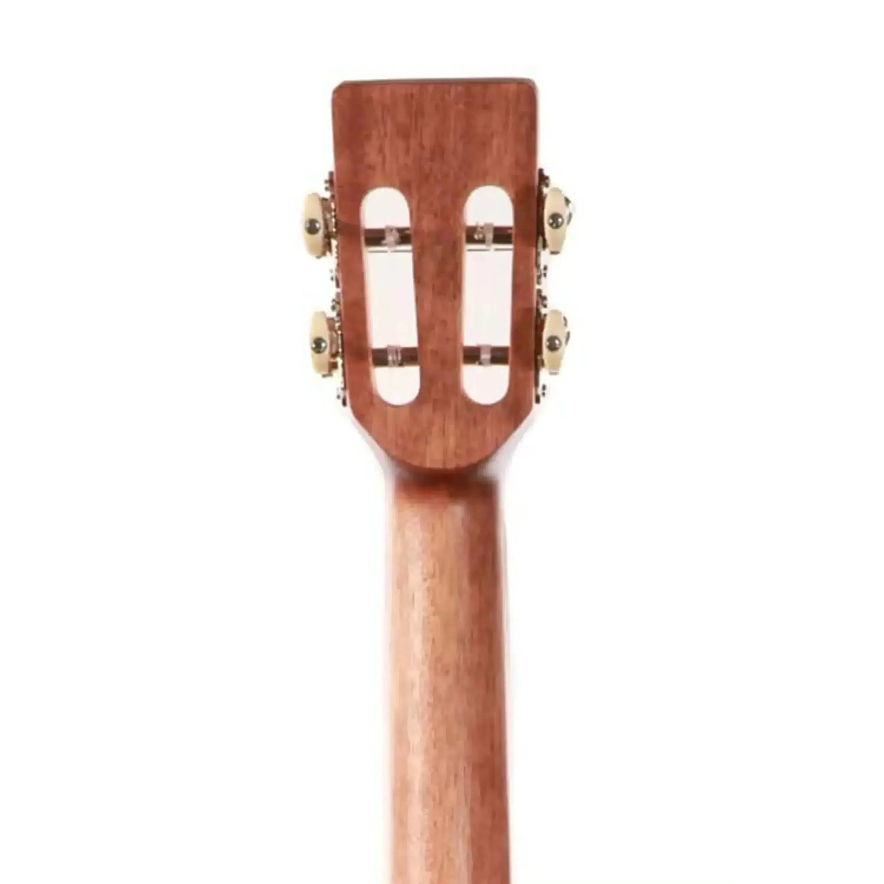 Ohana Tenor Ukulele headstock with open slotted design, gold tuners, and mahogany neck.