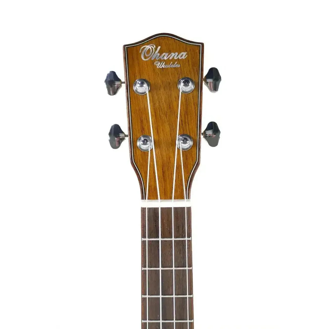 Ohana Tenor Ukulele headstock with mahogany, Grover tuners, and "Ohana Ukuleles" logo.