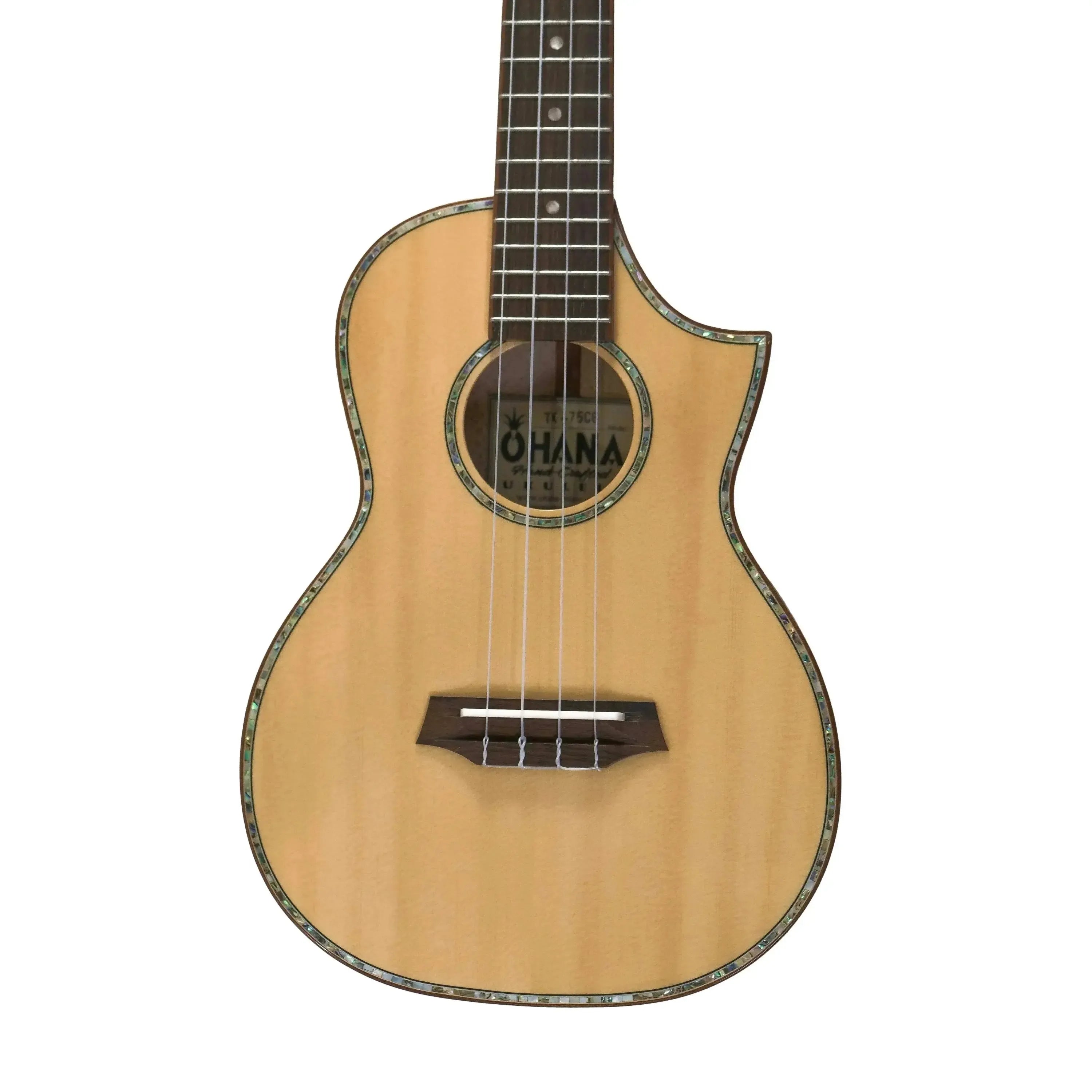 Ohana TK-75CG Limited Edition tenor ukulele with solid spruce top, abalone inlay, and Florentine cutaway.