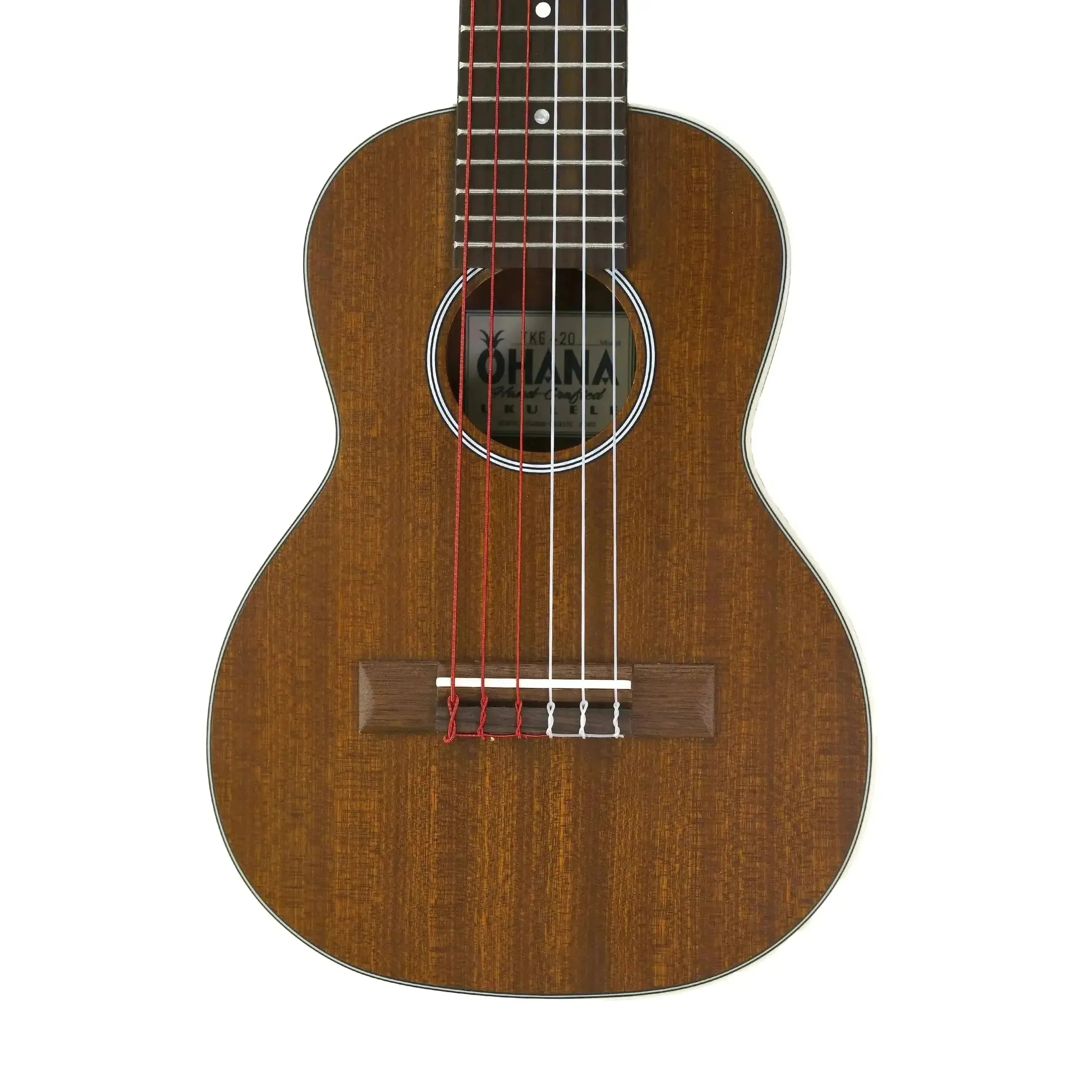 Ohana TKG-20 Mahogany Mini-Guitar with red and white strings, cream binding, and soundhole label.