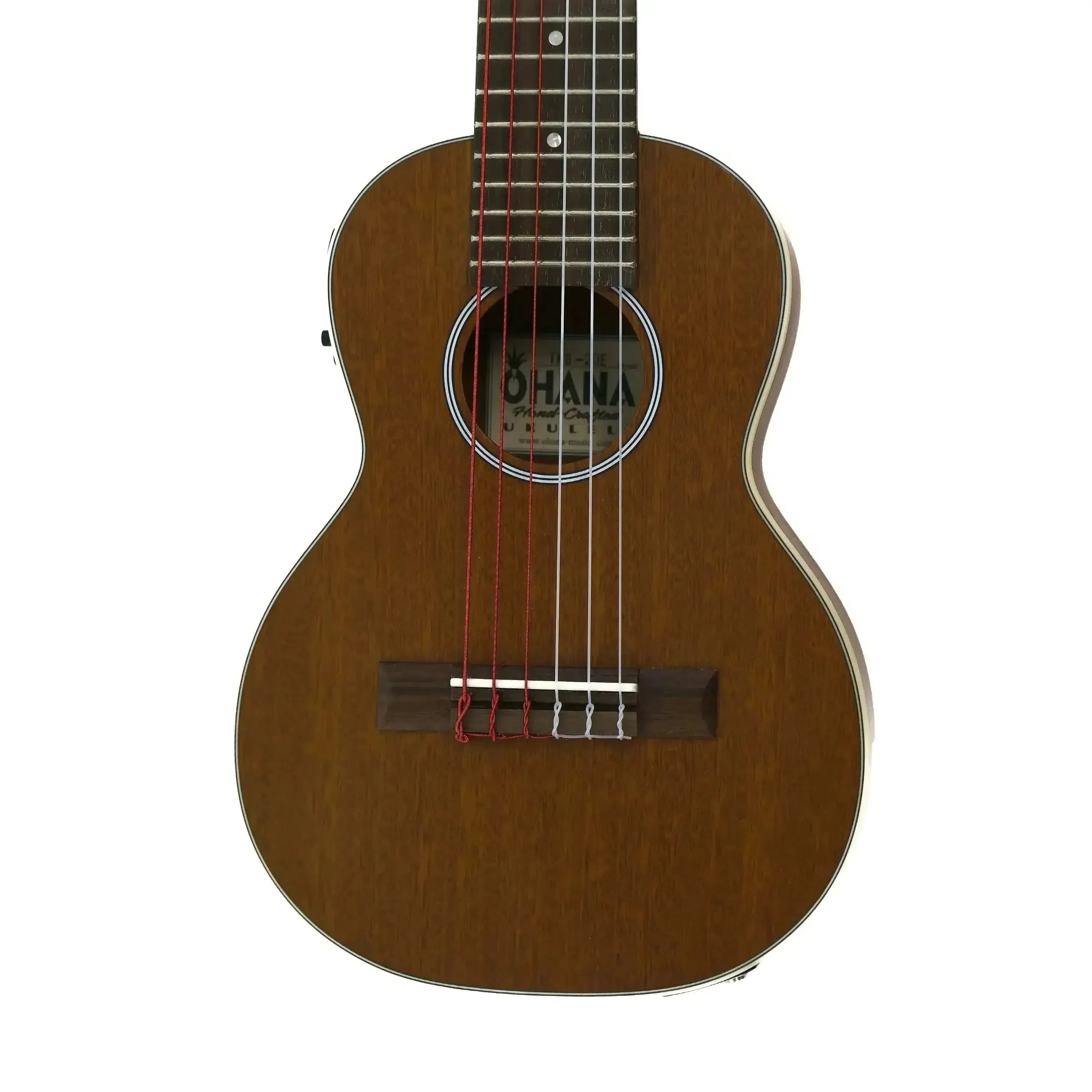 Ohana TKG-20E solid mahogany top guitarlele with red and white strings, cream binding, and soundhole rosette.