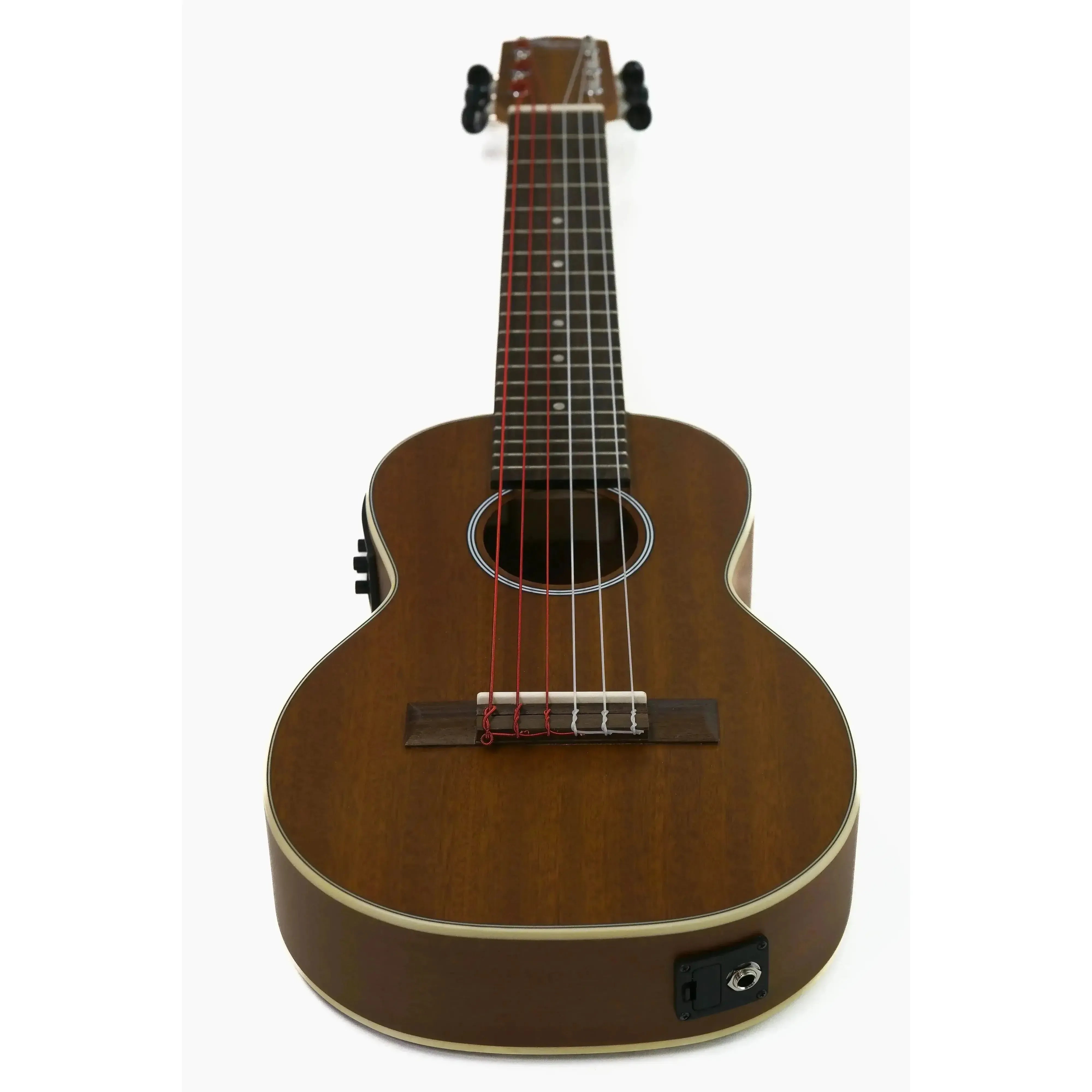 Ohana TKG-20E solid mahogany top guitarlele with pickup, brown satin finish, and cream binding.