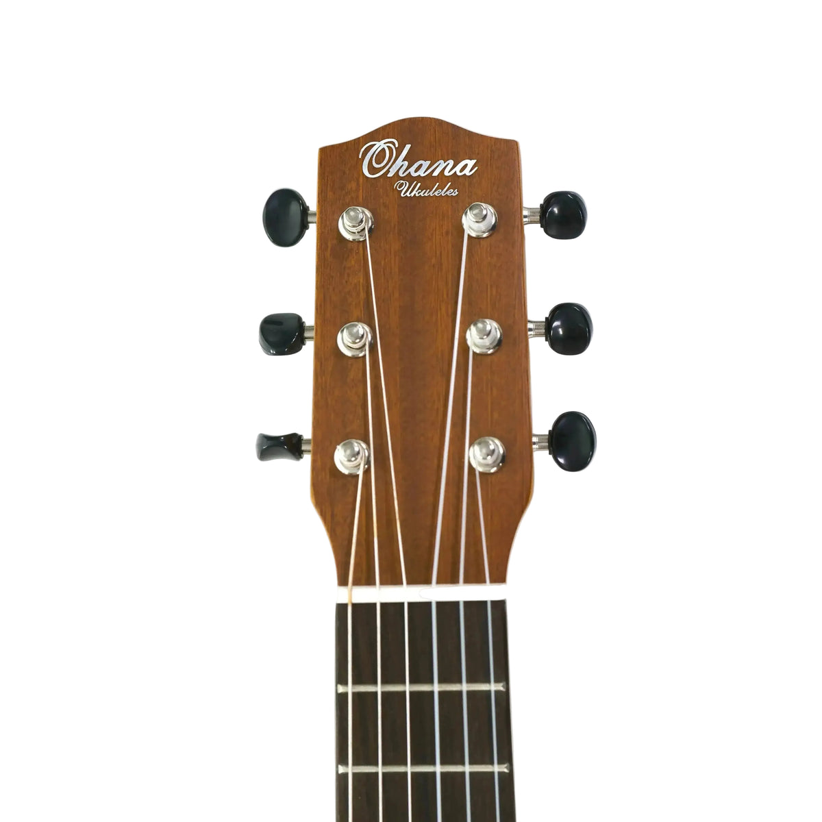 Ohana TKGL-20 solid mahogany top guitarlele headstock with black geared tuners and white strings.