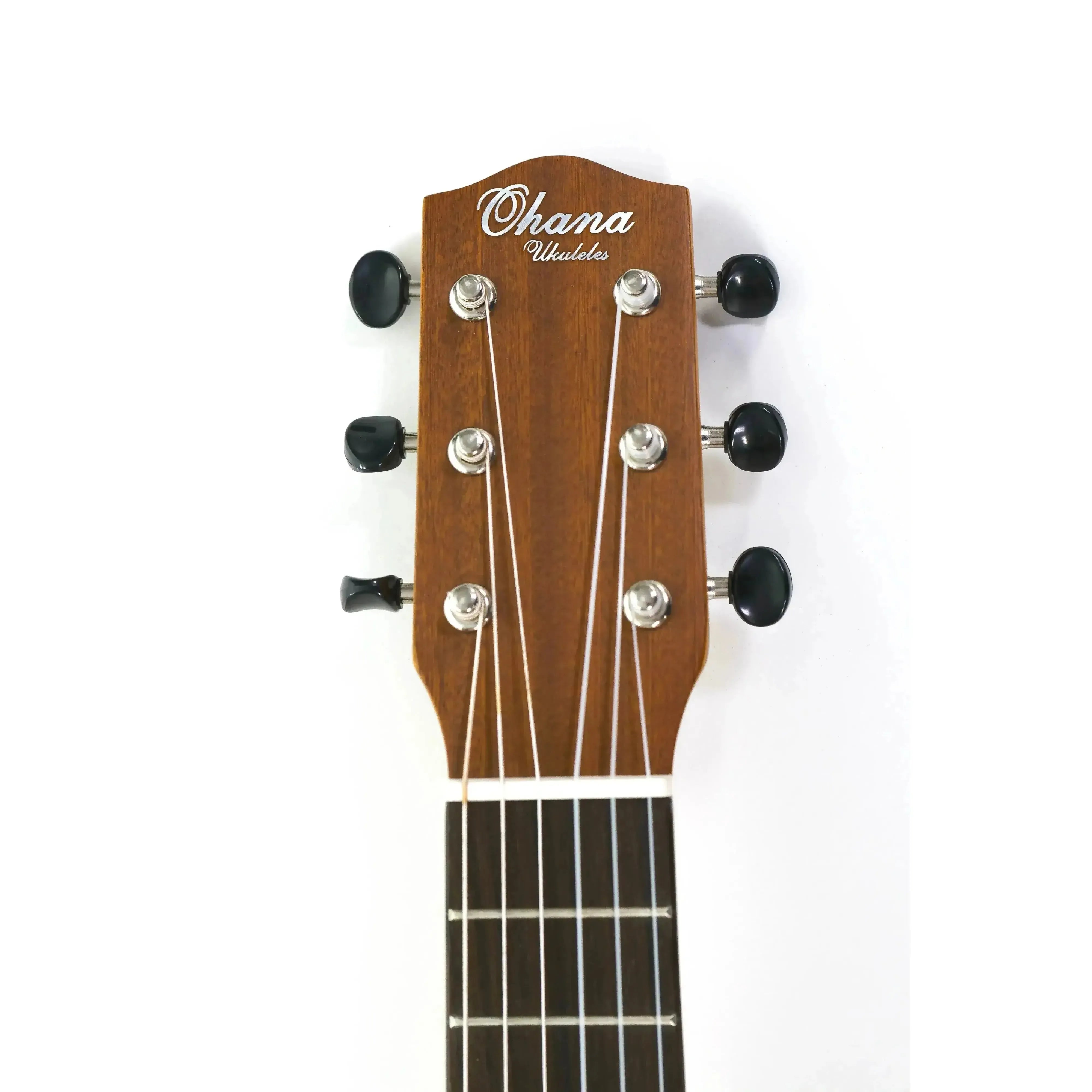 Ohana TKGL-20 solid mahogany top guitarlele headstock with black geared tuners and white strings.