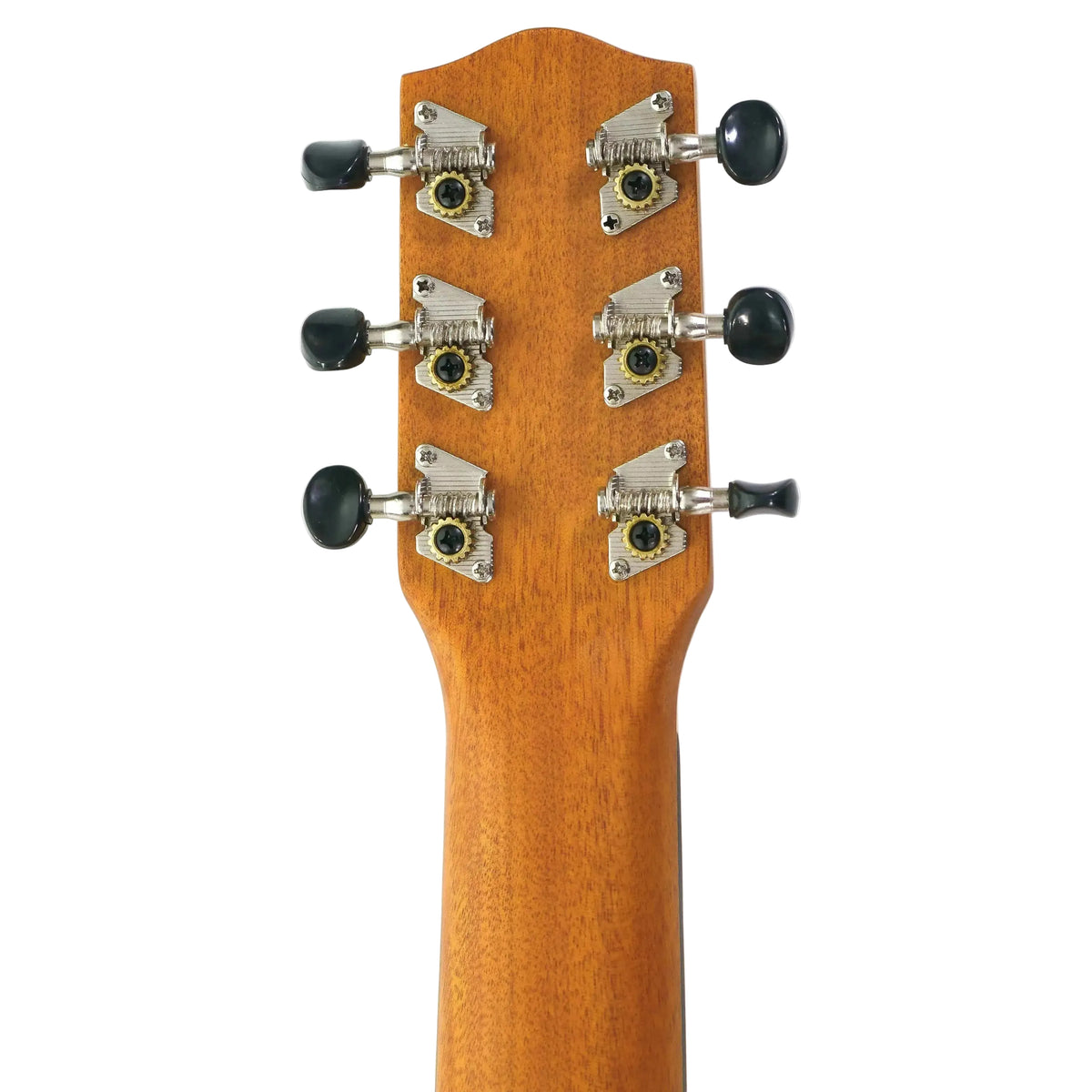 Ohana TKGL-20 solid mahogany guitarlele headstock and neck with six black geared tuners.