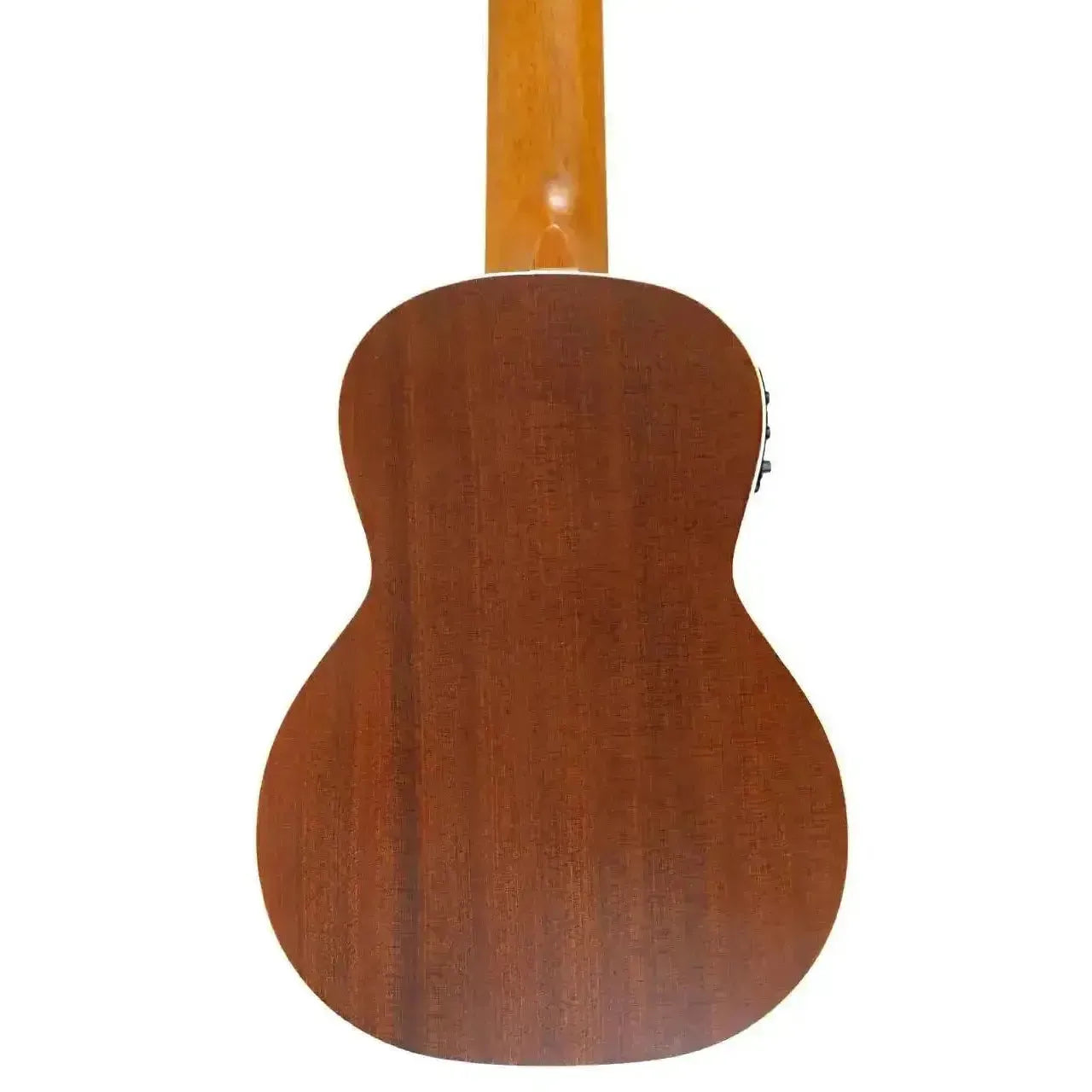 Back of an Ohana TKGL-20E 6-string guitarlele, showing its solid mahogany body and neck.