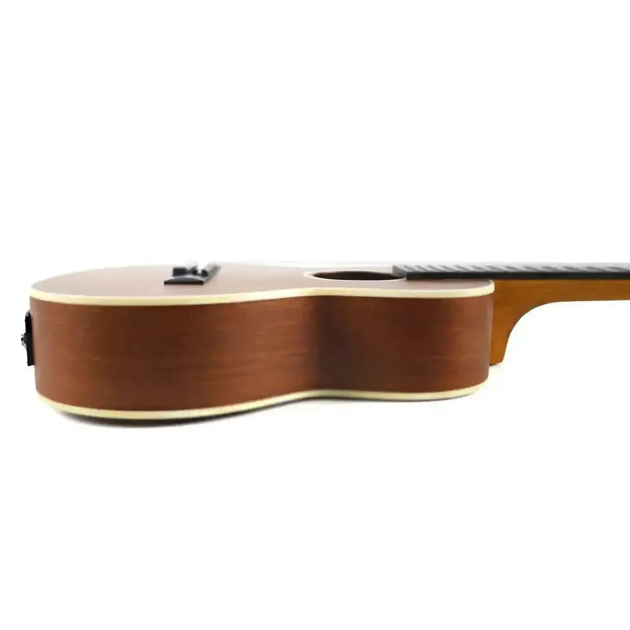 Ohana TKGL-20E guitarlele side view, showing its solid mahogany body and light binding.