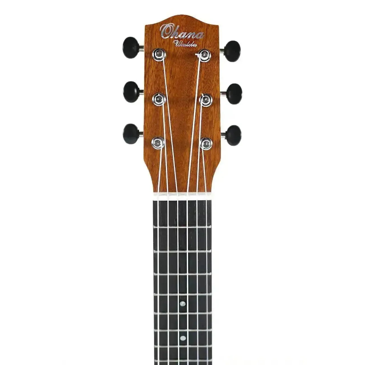 Ohana TKGL-20E guitarlele headstock and upper fretboard, showing mahogany wood and black tuners.