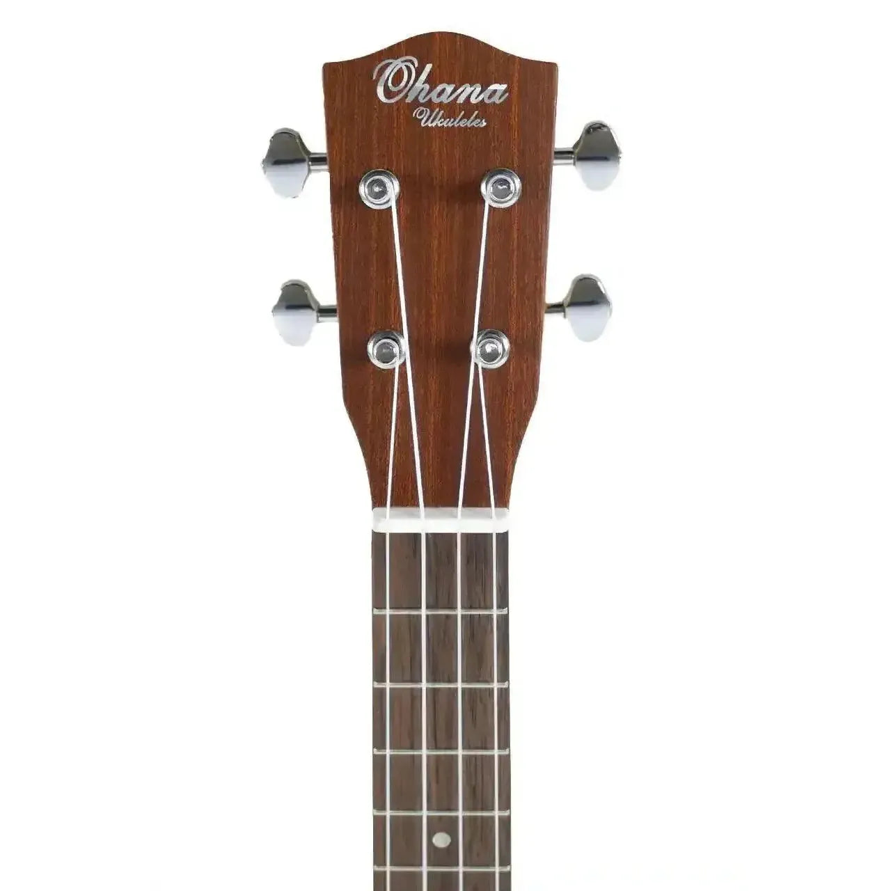Ohana Ukuleles tenor ukulele headstock with mahogany finish, silver Grover tuners, and white strings.