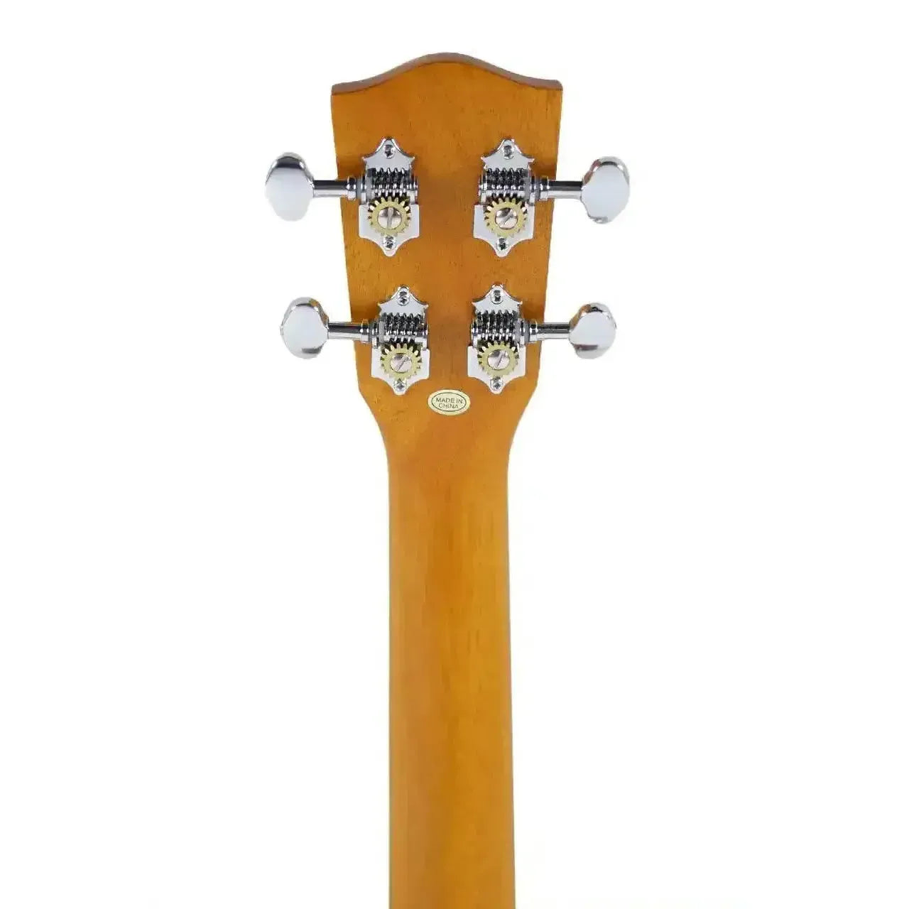 Ohana TKS-22E tenor ukulele headstock with mahogany finish and four chrome Grover tuners.