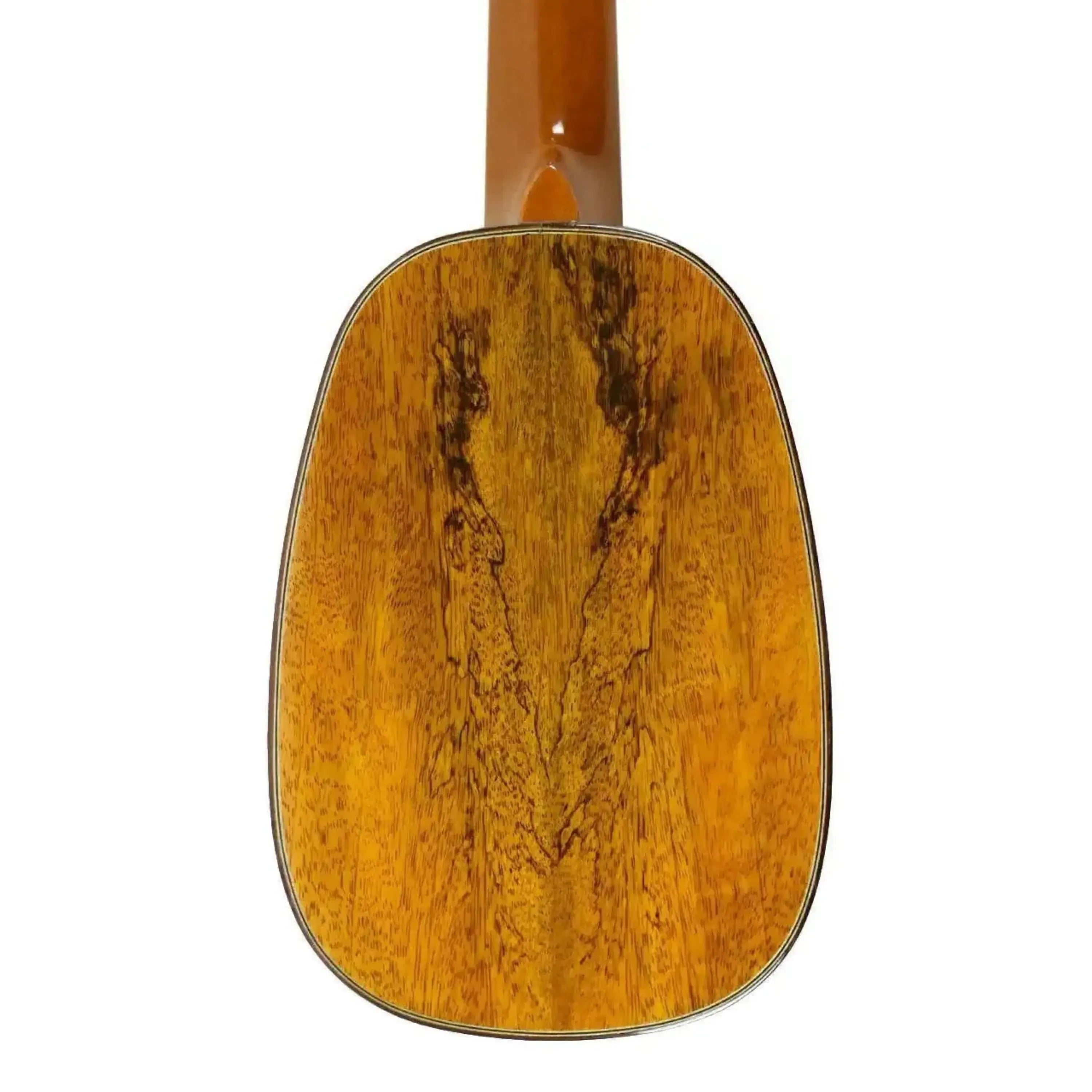 Ohana TPK-220G Pineapple Sopranino Ukulele back, showing glossy solid mango wood with unique grain.
