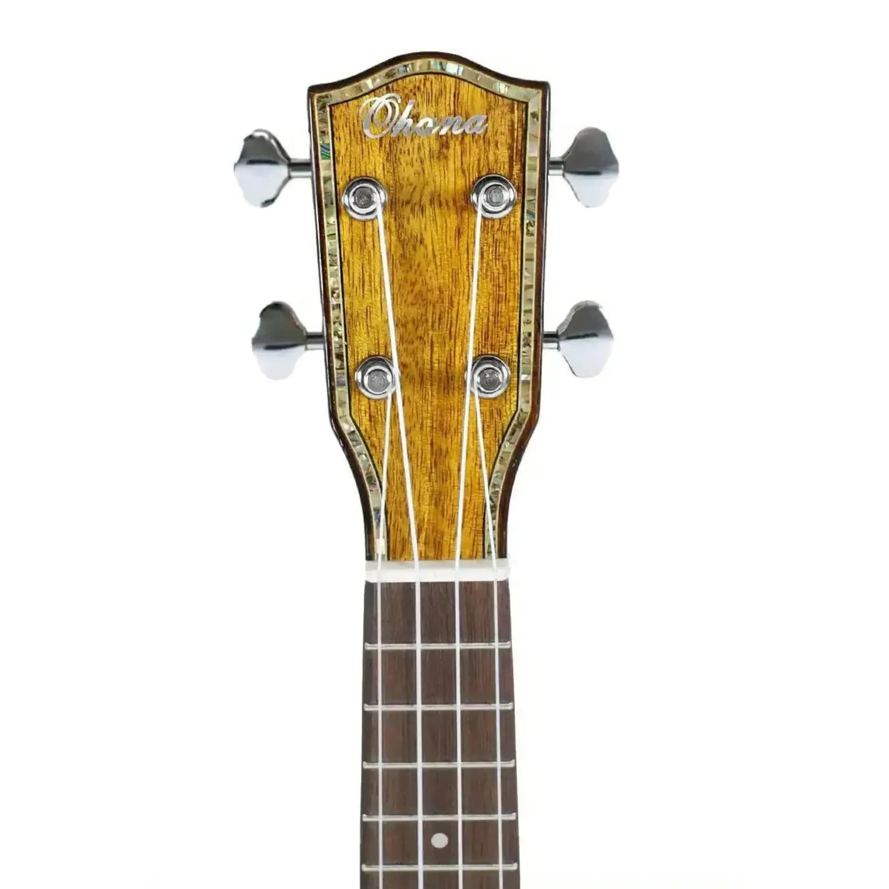 Ohana TPK-220G ukulele headstock with solid mango, abalone inlay, and chrome tuners.