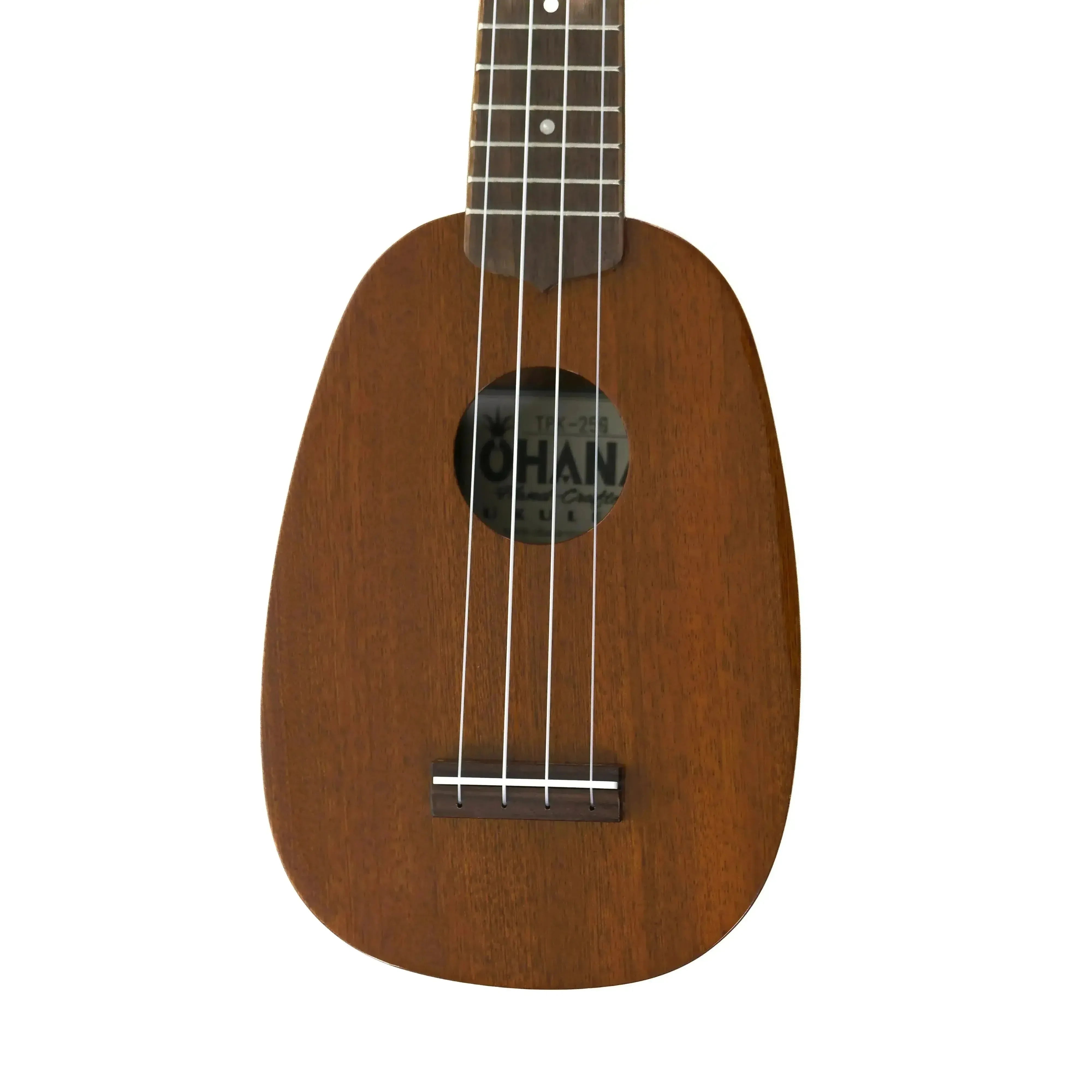 Ohana TPK-25G solid mahogany pineapple sopranino ukulele with gloss finish and soundhole.