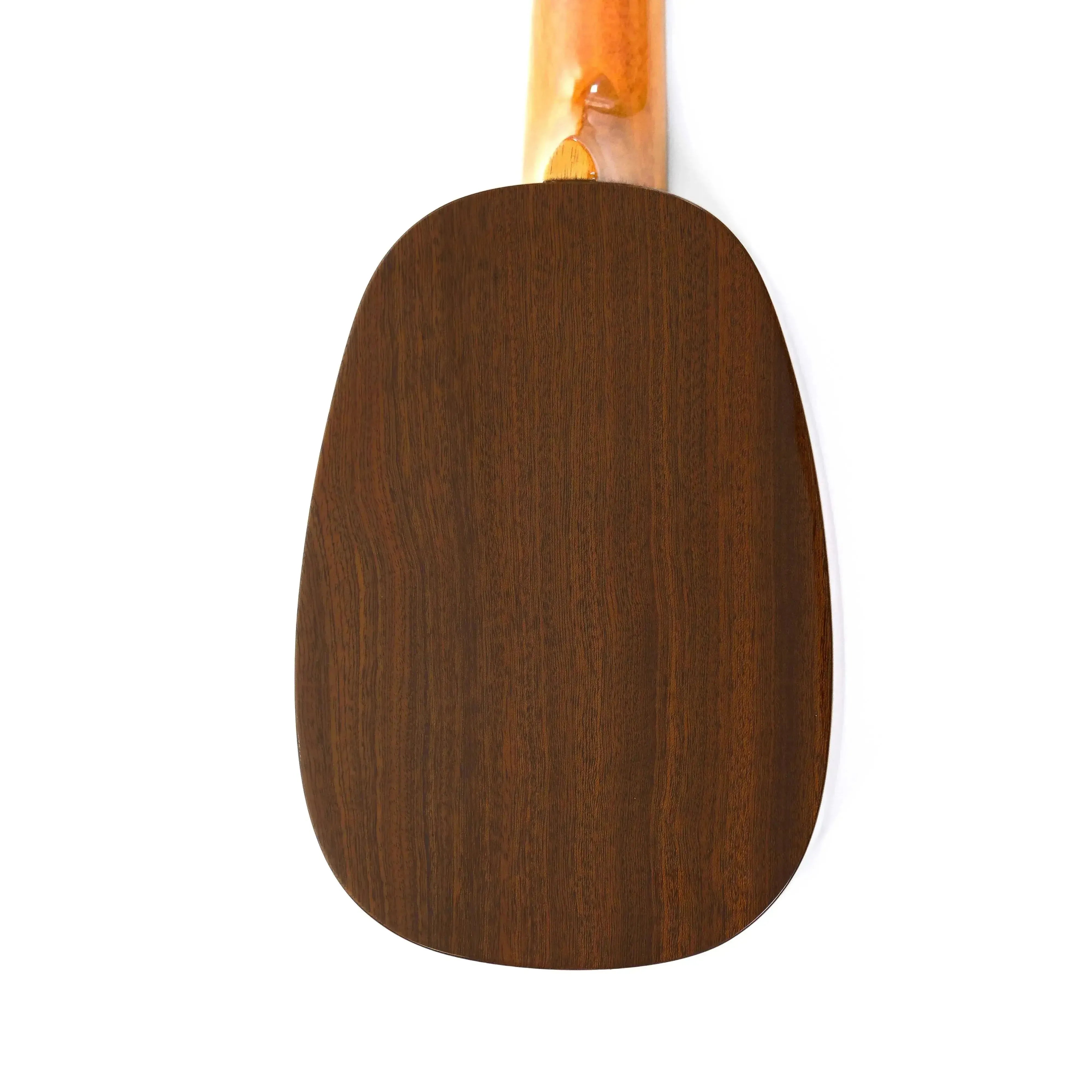 Back of an Ohana TPK-25G pineapple sopranino ukulele, showing its dark brown solid mahogany body.